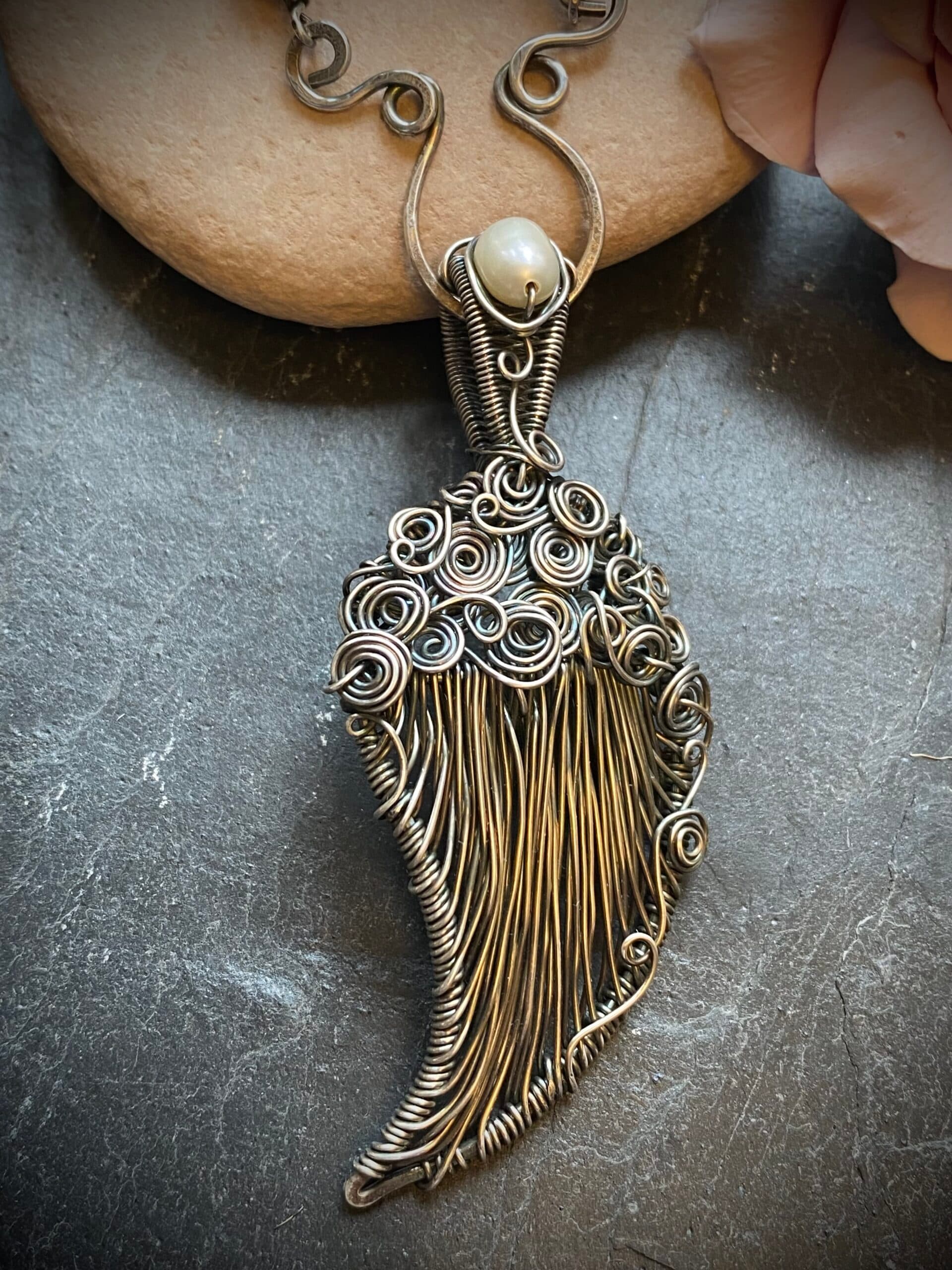 Handcrafted Silver-Filled Angel Wing Necklace with Vintage Pearls, view 3