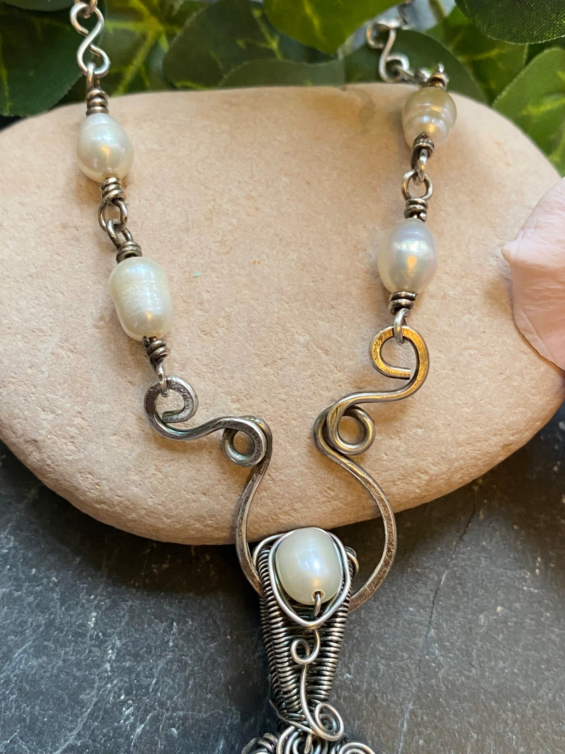 Handcrafted Silver-Filled Angel Wing Necklace with Vintage Pearls, view 4
