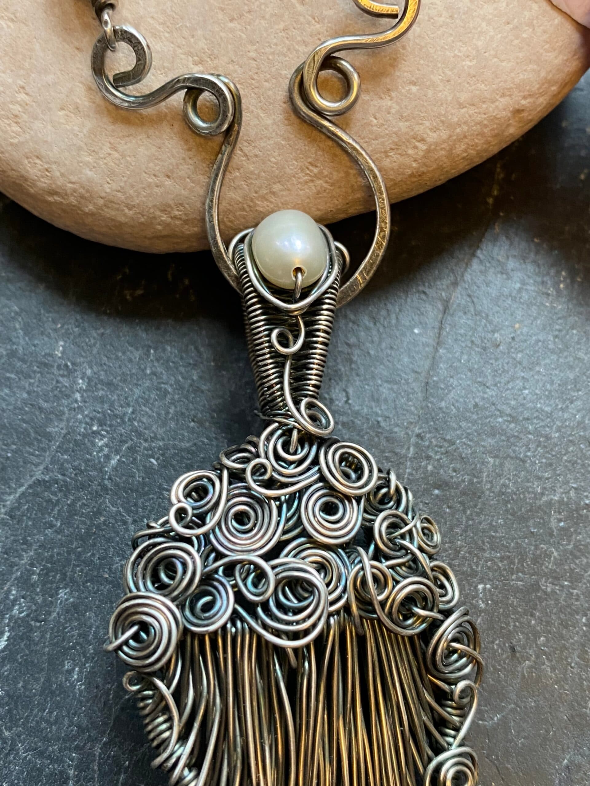 Handcrafted Silver-Filled Angel Wing Necklace with Vintage Pearls, view 5