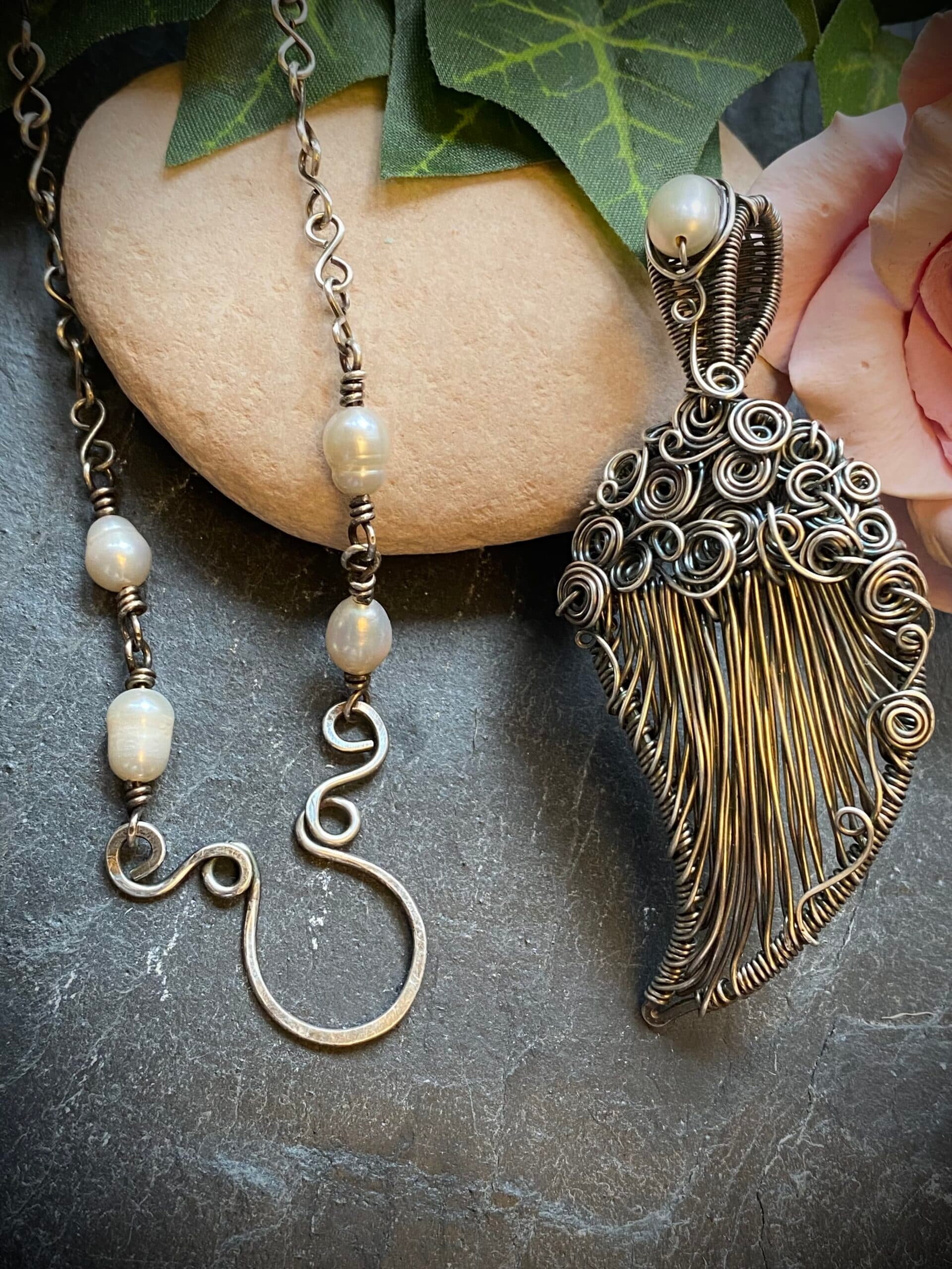 Handcrafted Silver-Filled Angel Wing Necklace with Vintage Pearls, view 6
