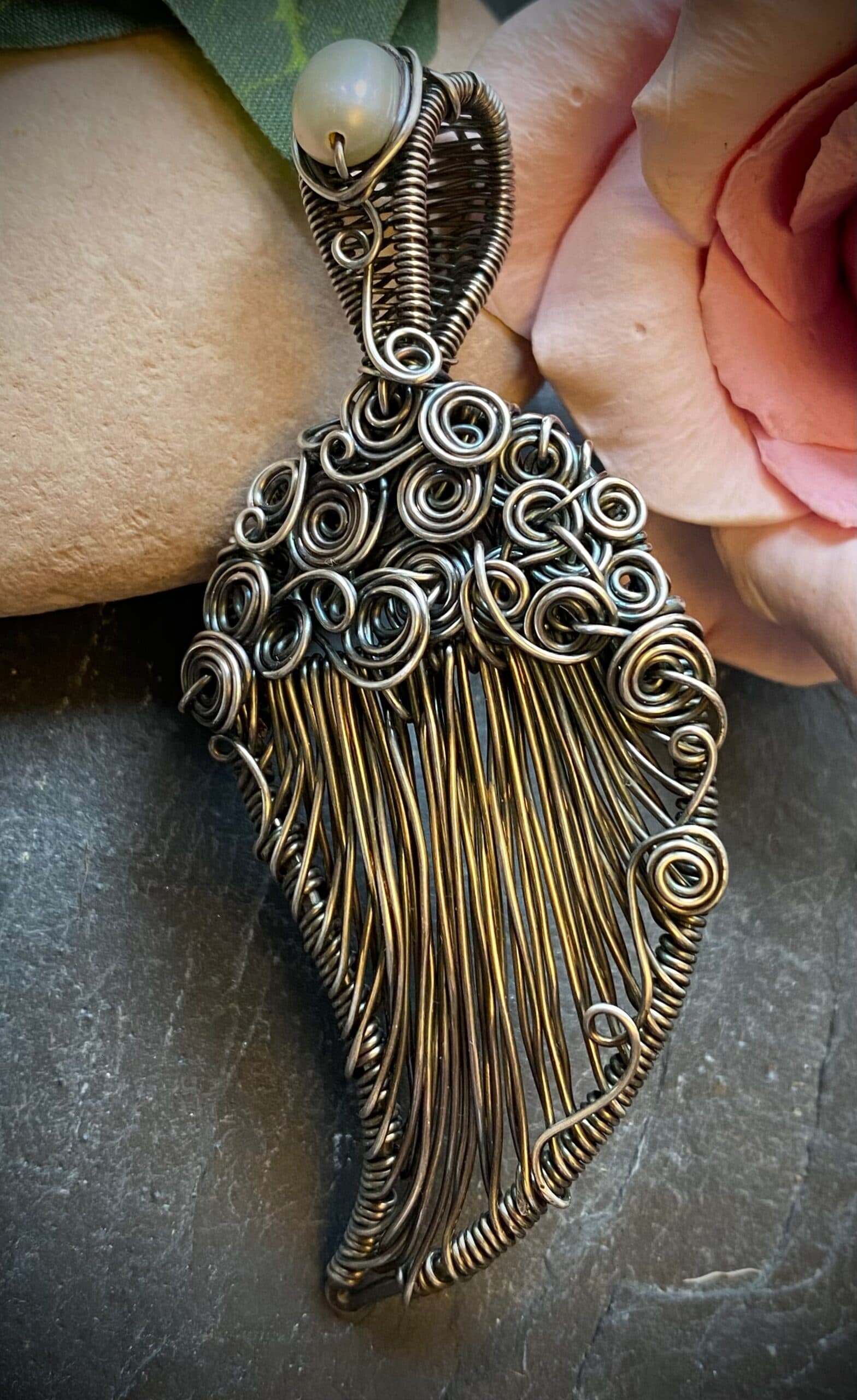 Handcrafted Silver-Filled Angel Wing Necklace with Vintage Pearls, view 10