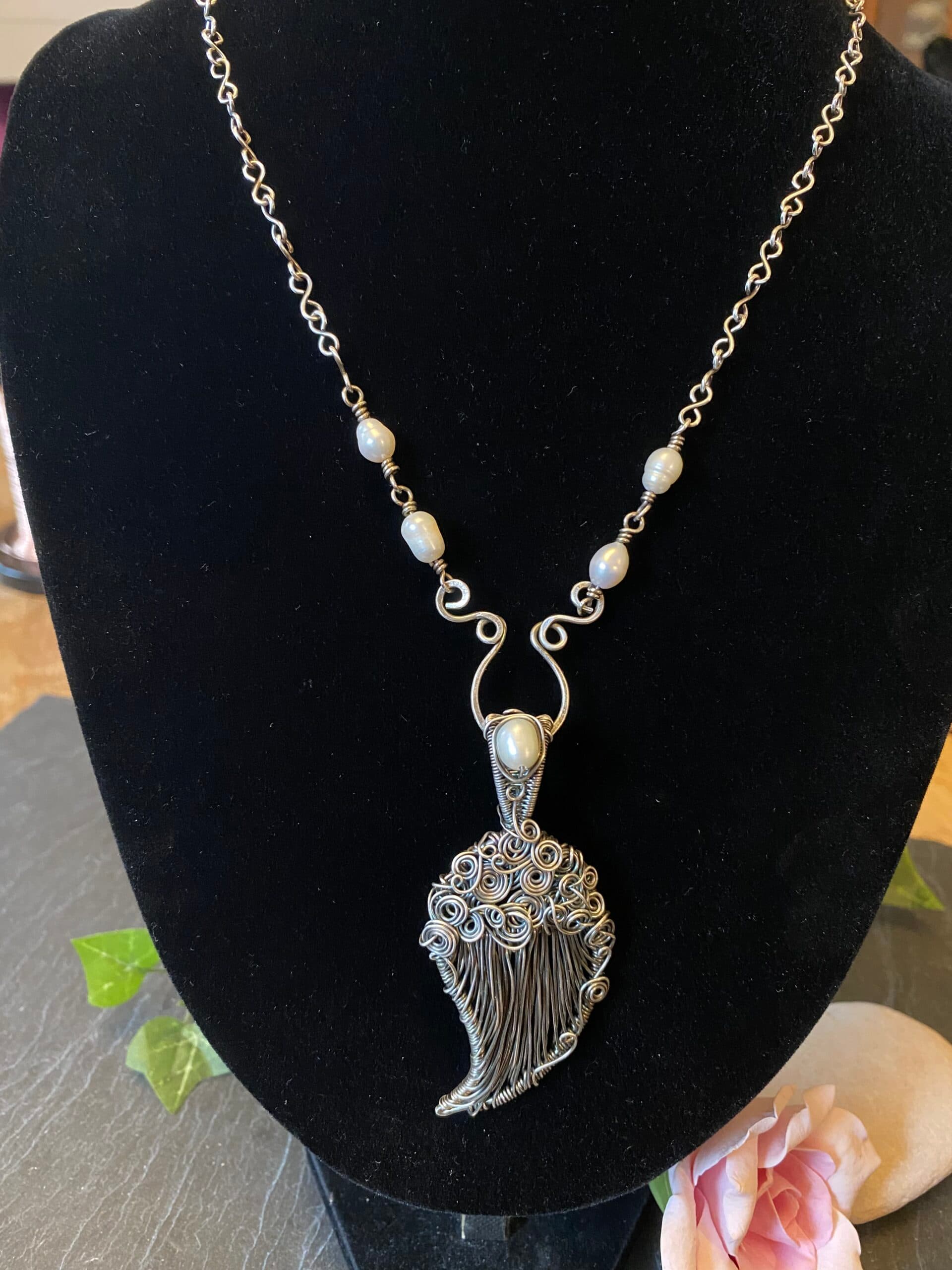 Handcrafted Silver-Filled Angel Wing Necklace with Vintage Pearls, view 8