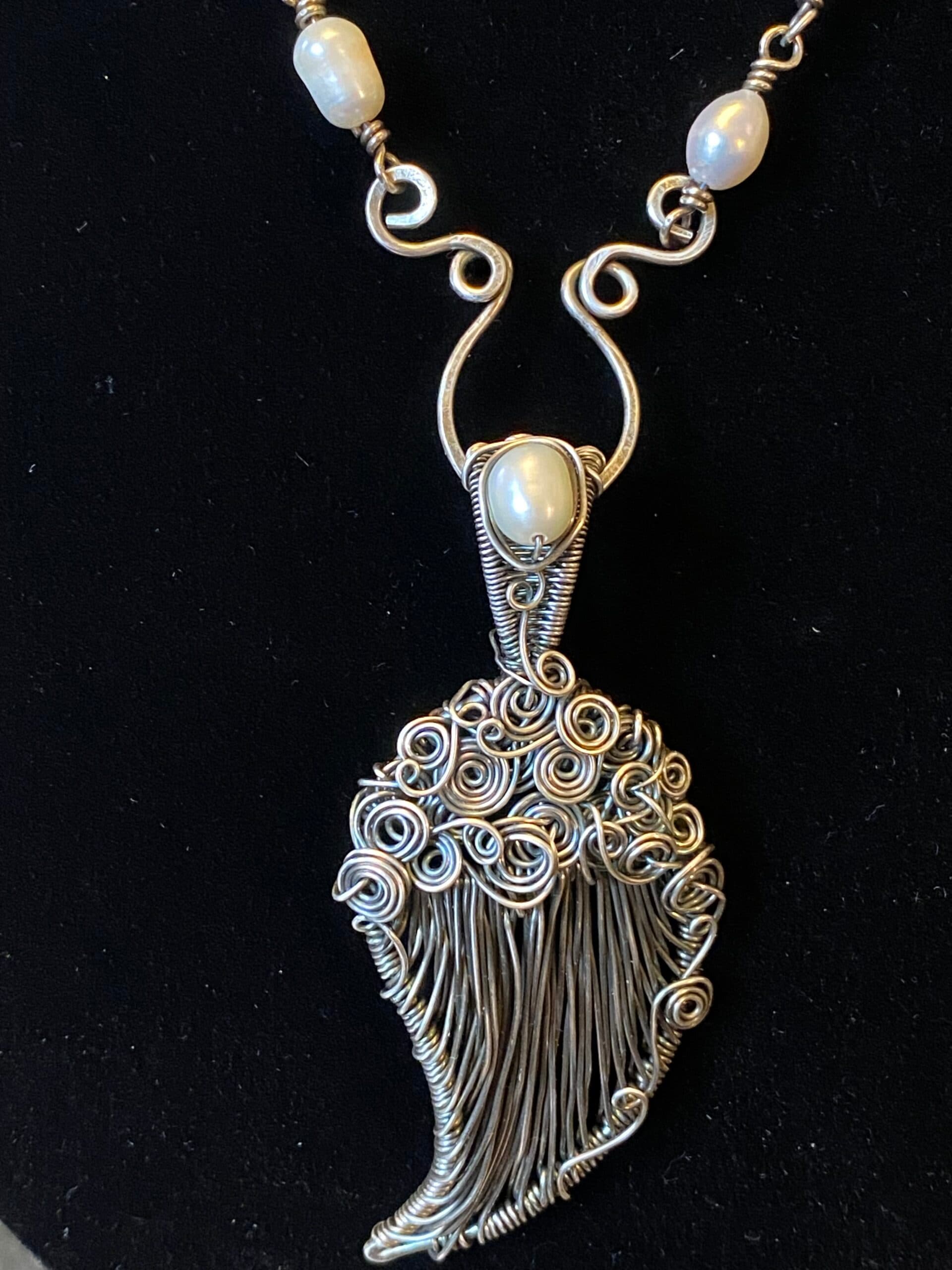 Handcrafted Silver-Filled Angel Wing Necklace with Vintage Pearls, view 9