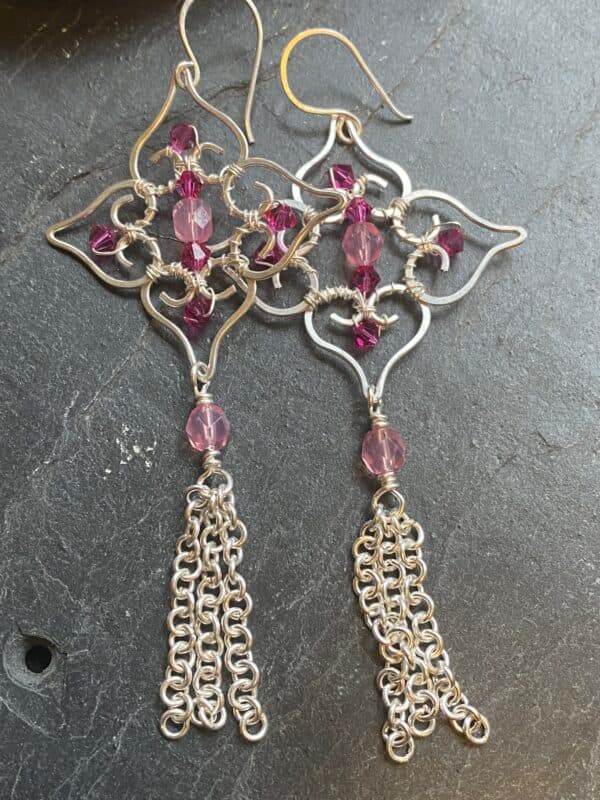 Silver Plated Filigree Drop Earrings with Pink Beads