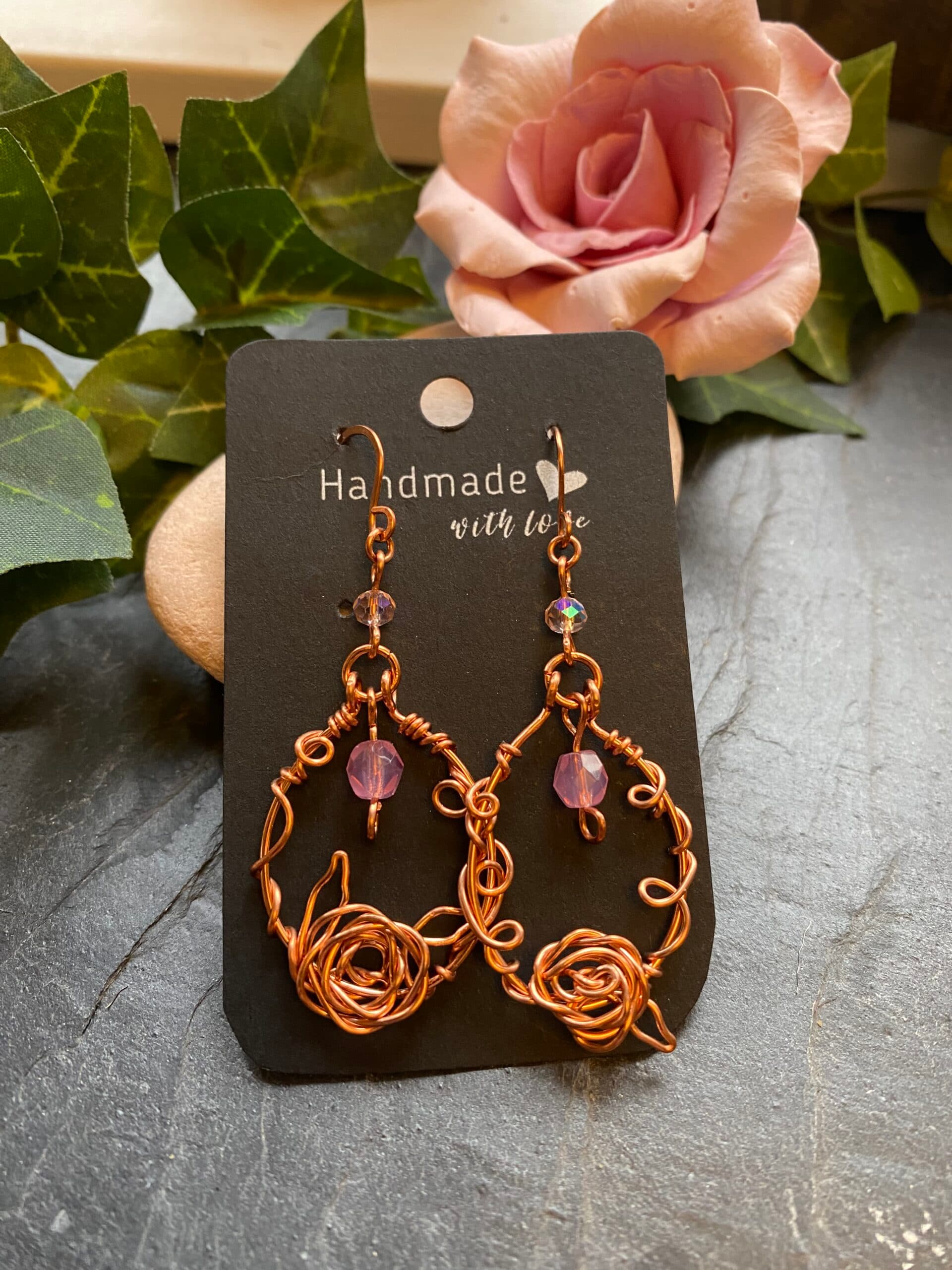 Copper Loop Earrings – Handmade Wire Rose Design, view 2