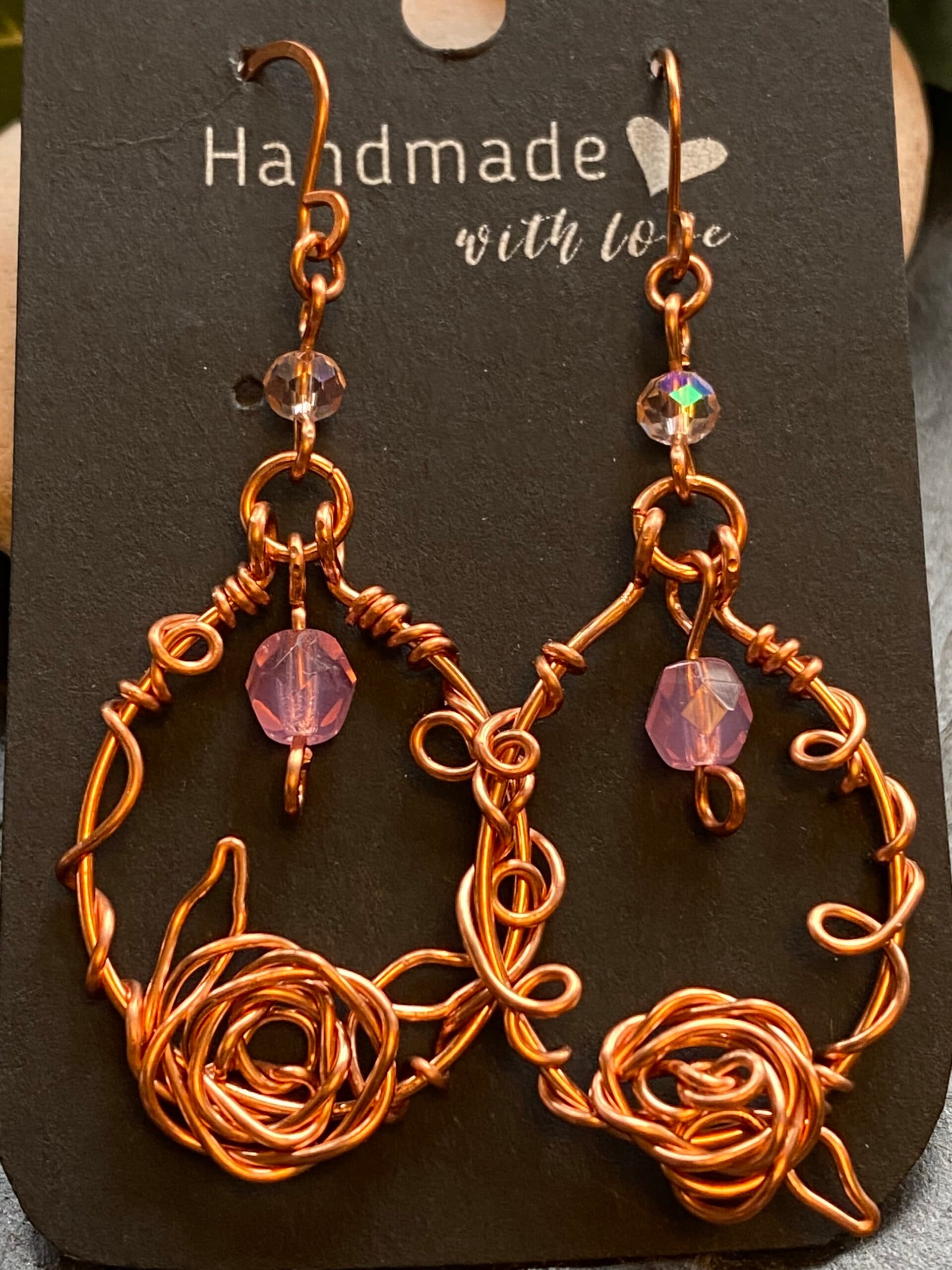 Copper Loop Earrings – Handmade Wire Rose Design, view 4