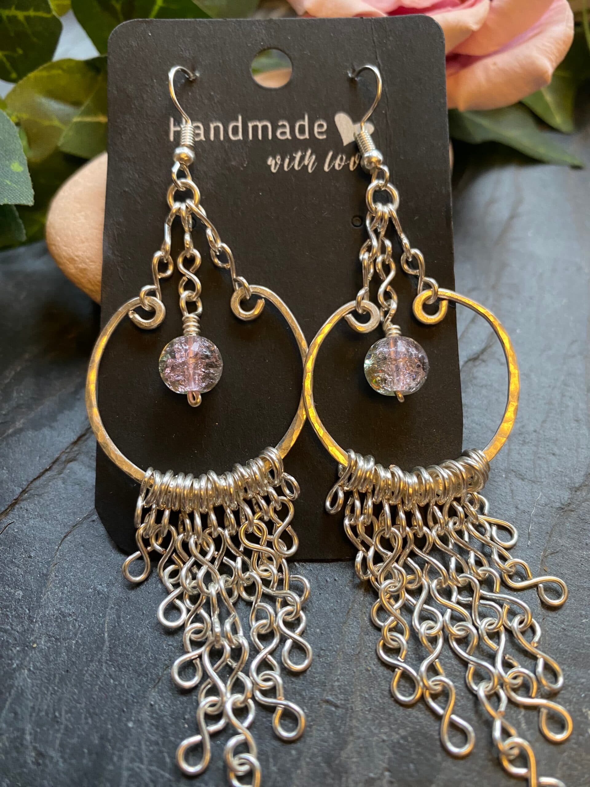 Silver Plated Loop Earrings – Hammered Fringe Chain Design, view 6