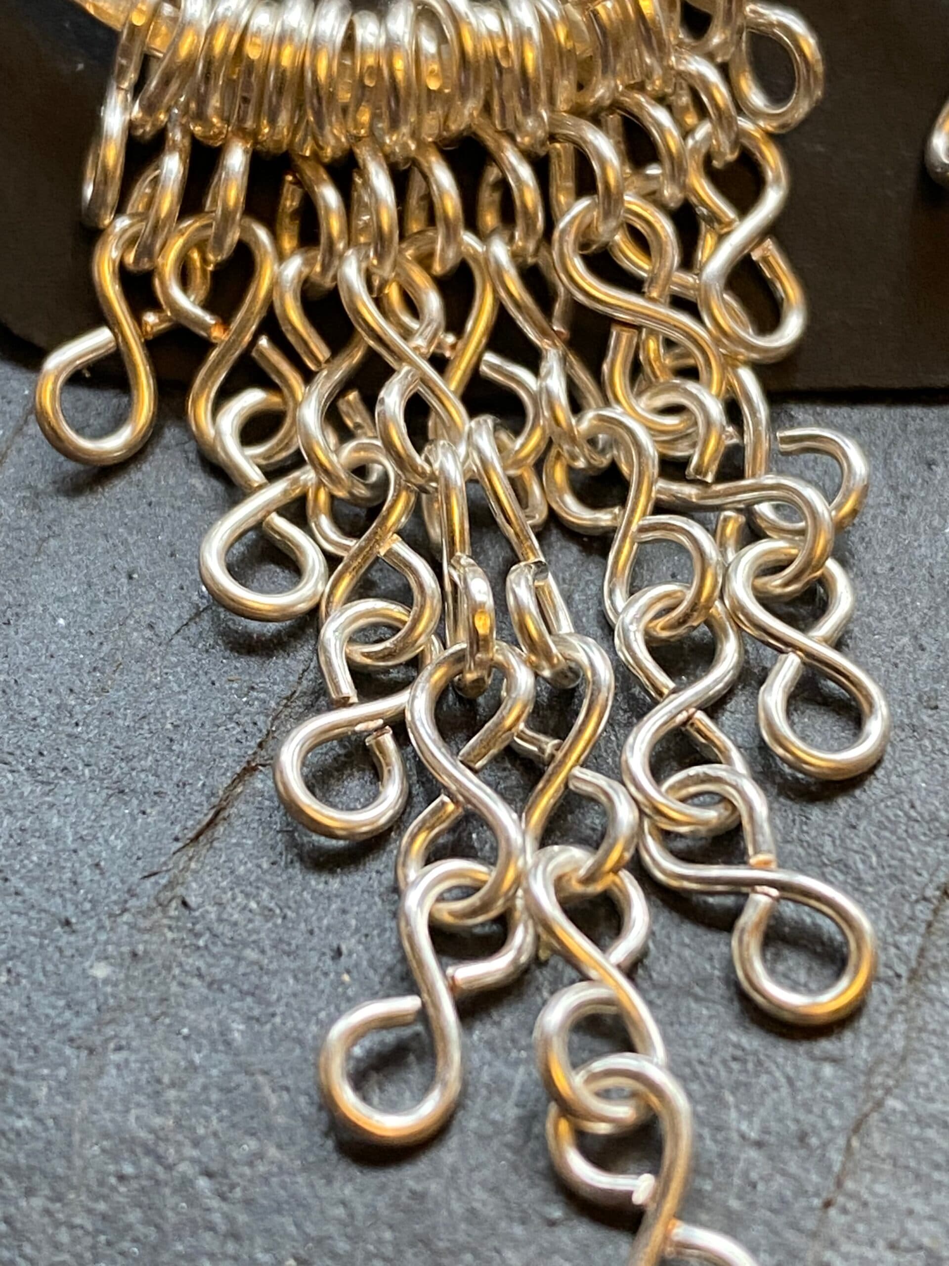 Silver Plated Loop Earrings – Hammered Fringe Chain Design, view 4