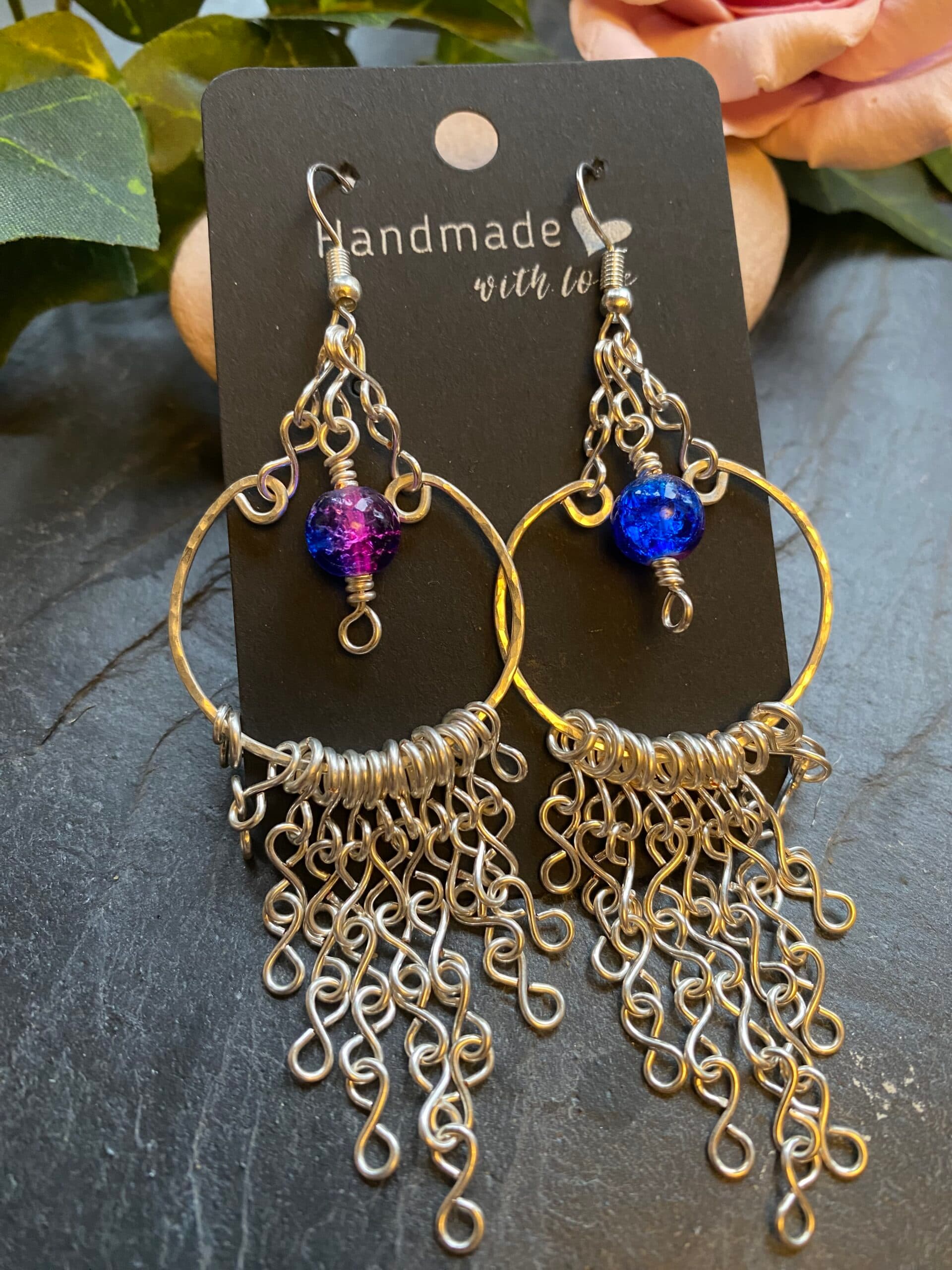 Silver Plated Loop Earrings – Hammered Fringe Chain Design, view 5