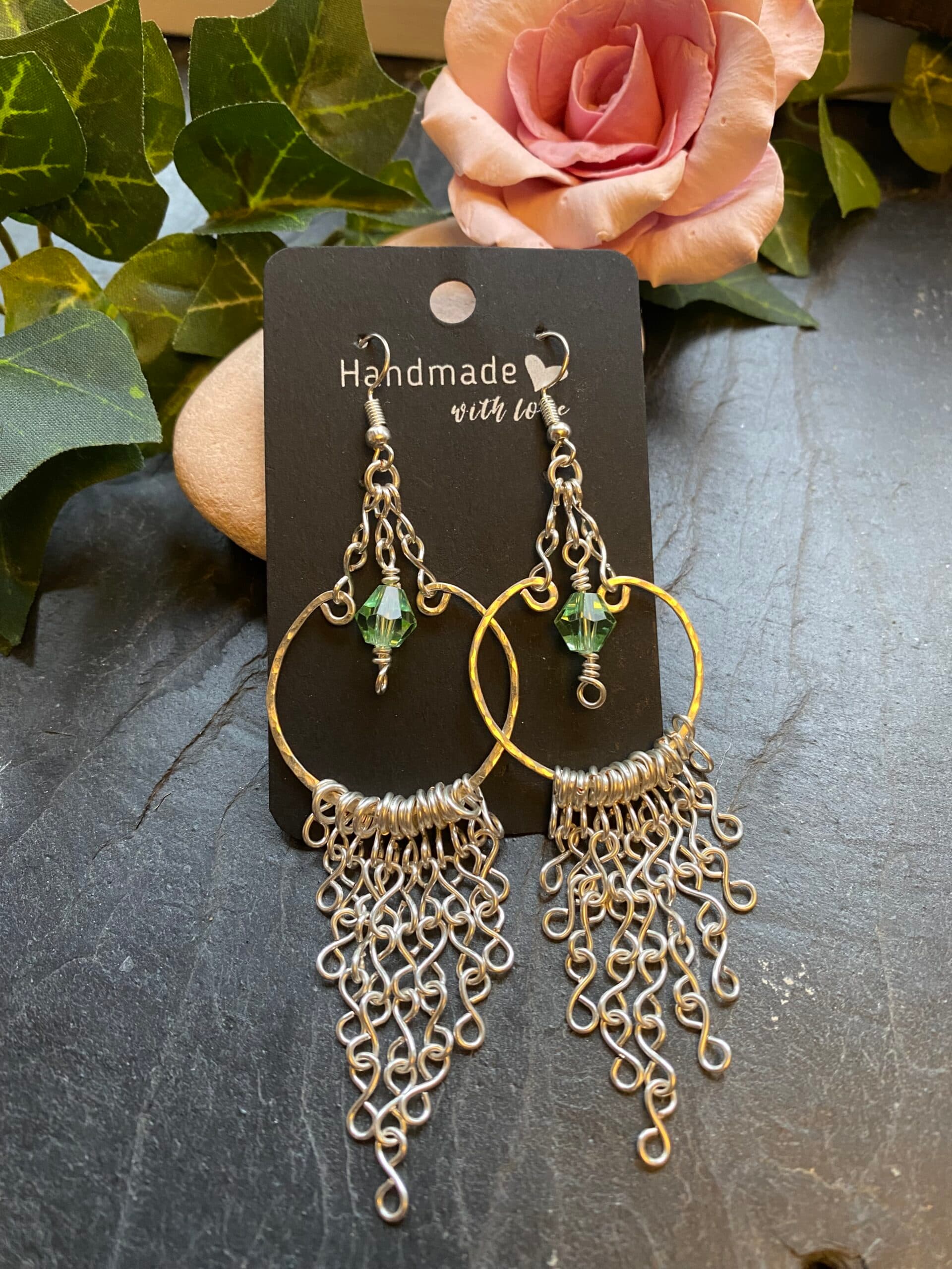 Silver Plated Loop Earrings – Hammered Fringe Chain Design, view 2