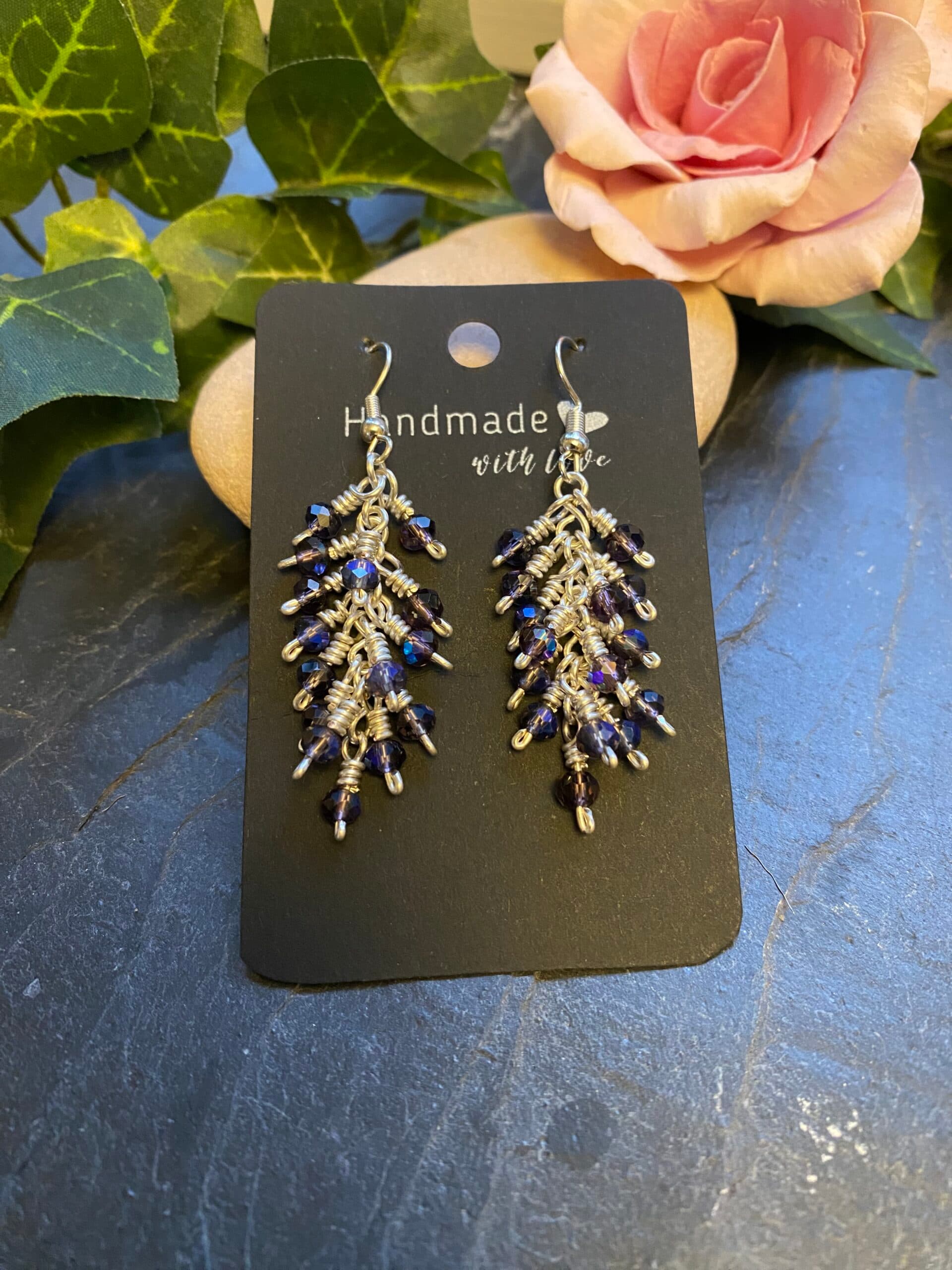 blue glass earrings silver plated wire handmade blue AB glass drop earrings iridescent blue glass earrings