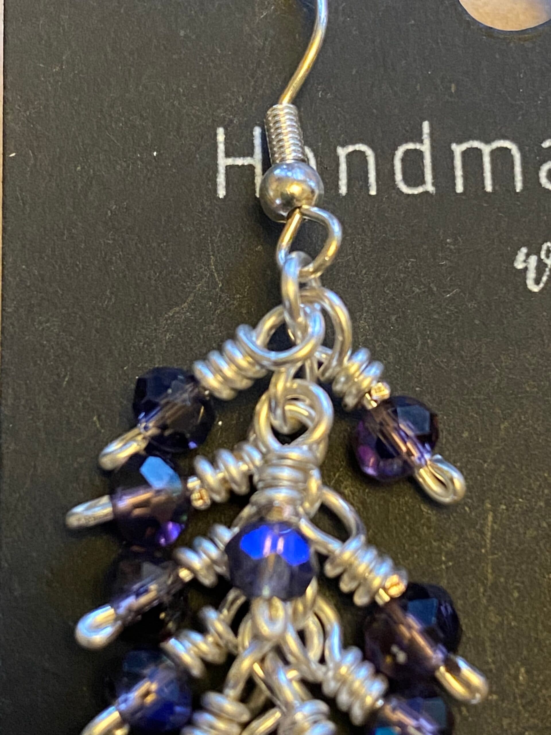 blue glass earrings silver plated wire handmade blue AB glass drop earrings iridescent blue glass earrings