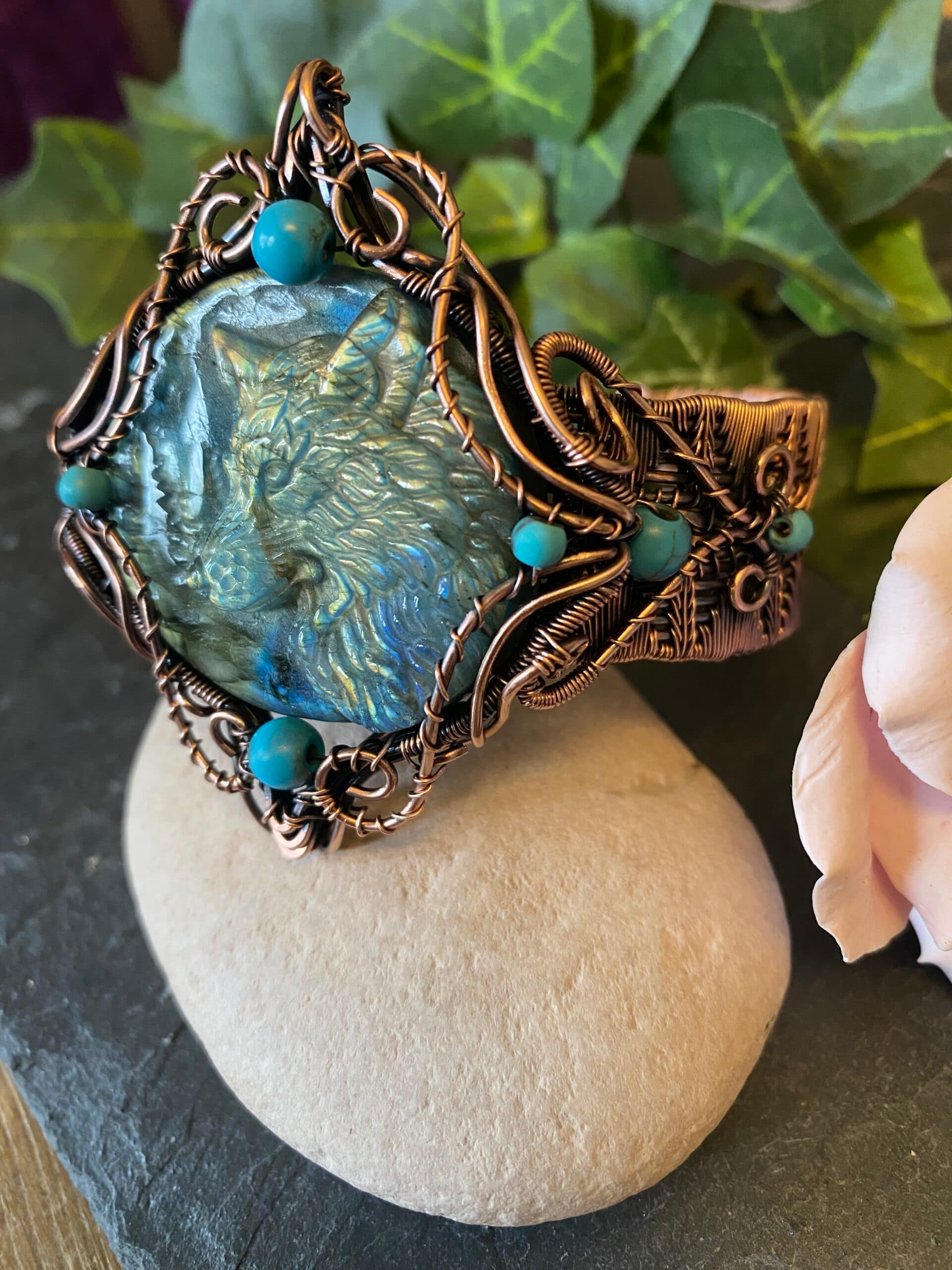 Copper Wolf Cuff Bracelet with Labradorite and Turquoise, view 9