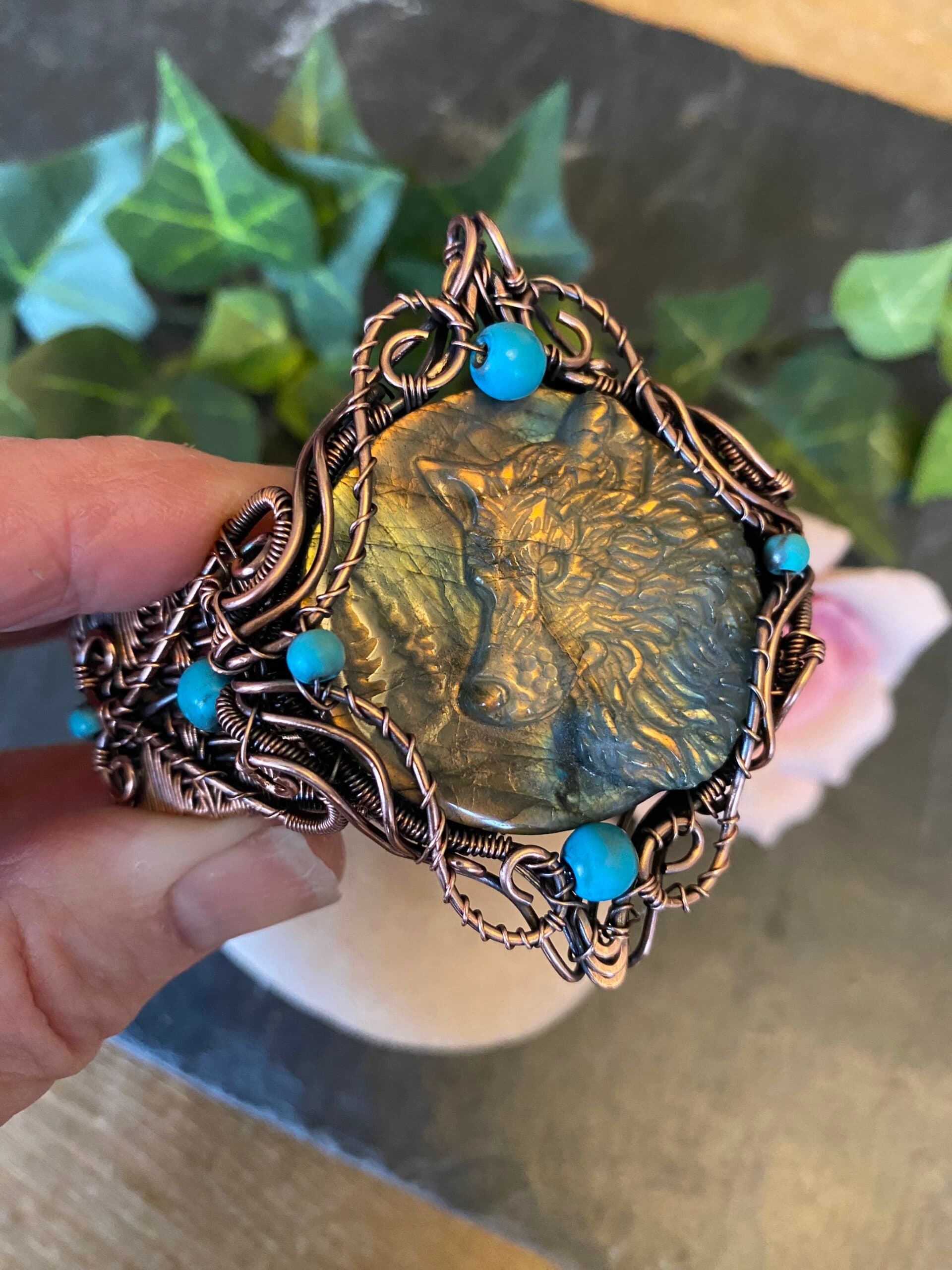 Copper Wolf Cuff Bracelet with Labradorite and Turquoise, view 10