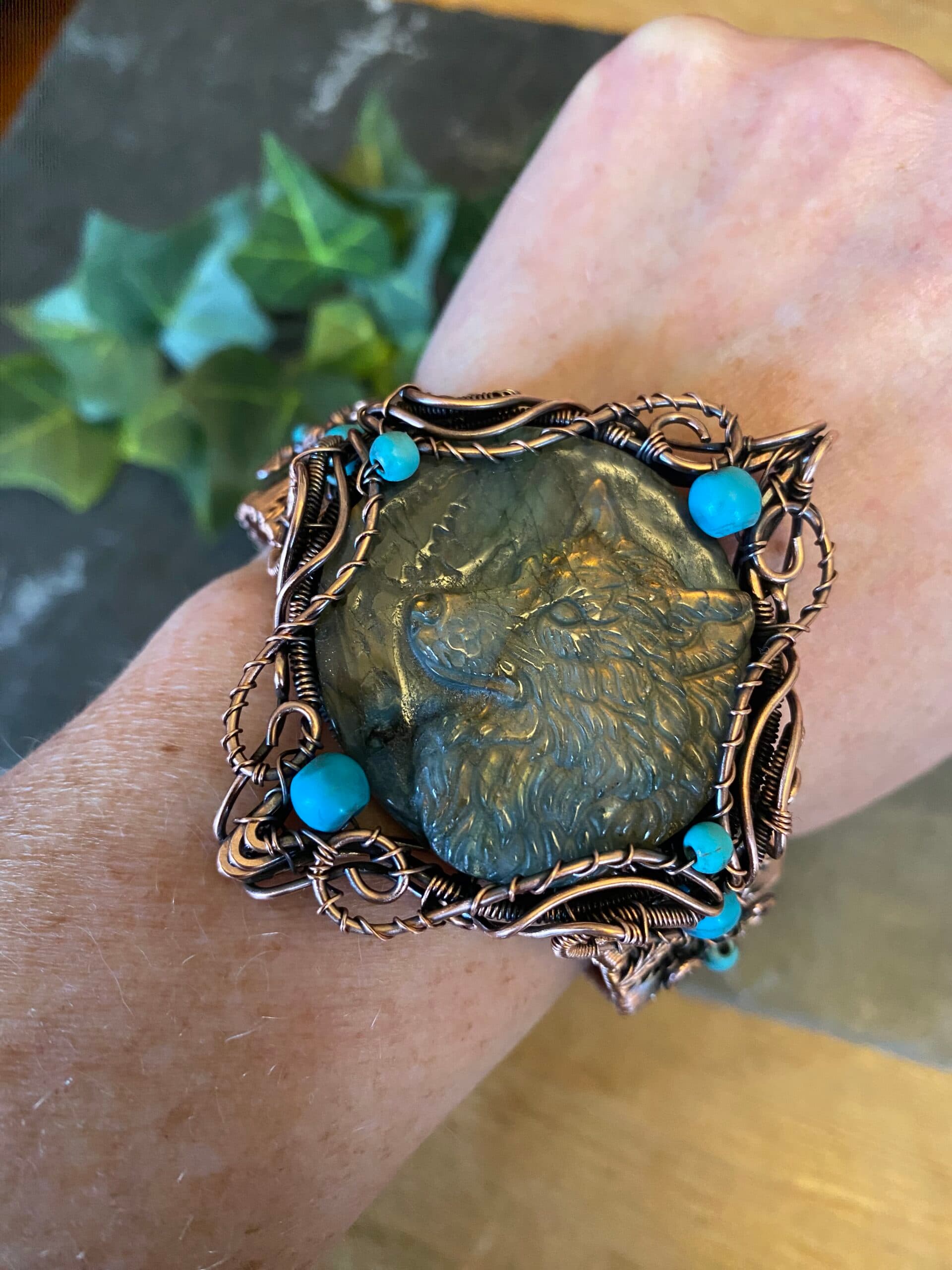 Copper Wolf Cuff Bracelet with Labradorite and Turquoise, view 8