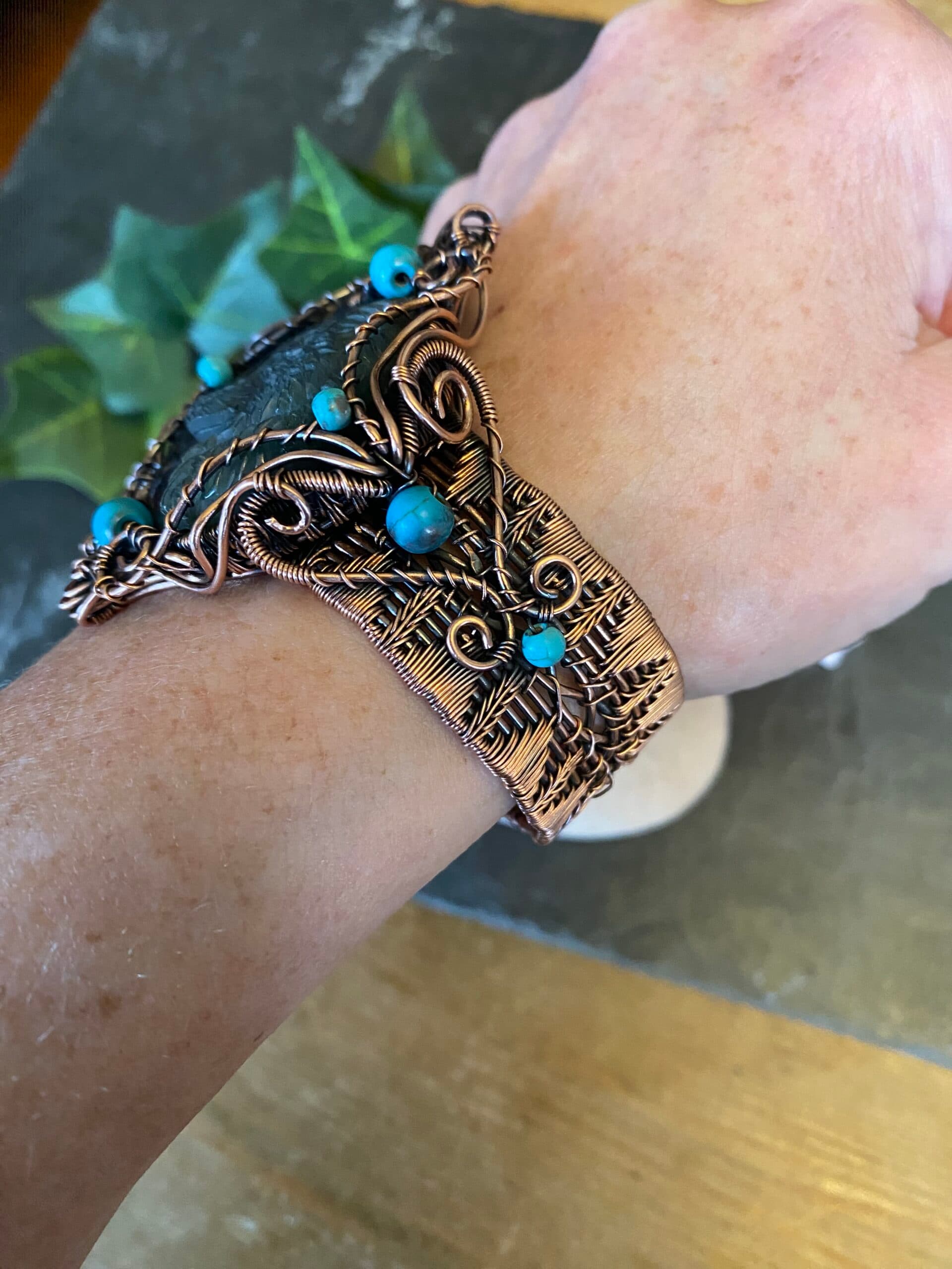 Copper Wolf Cuff Bracelet with Labradorite and Turquoise, view 7