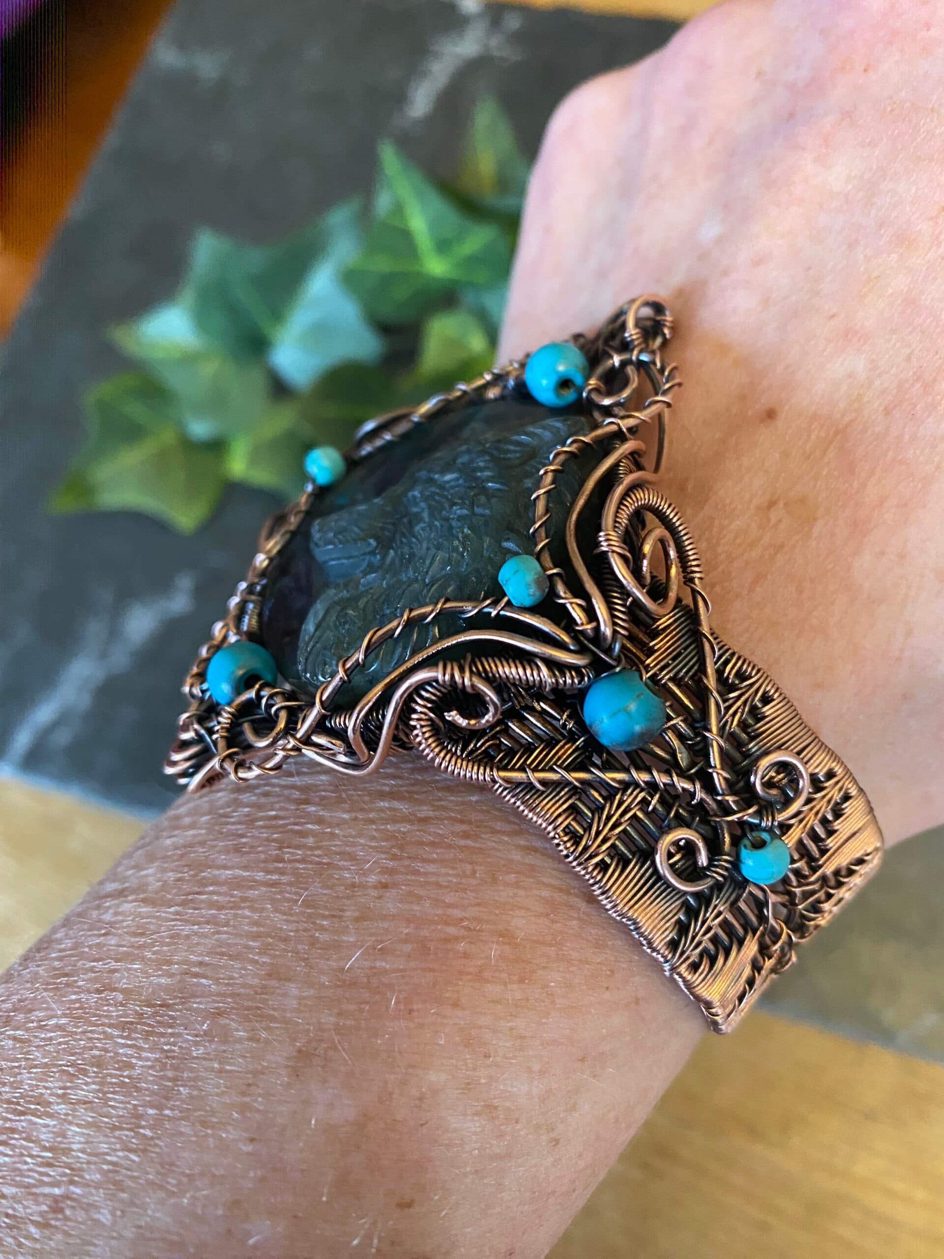 Copper Wolf Cuff Bracelet with Labradorite and Turquoise, view 4
