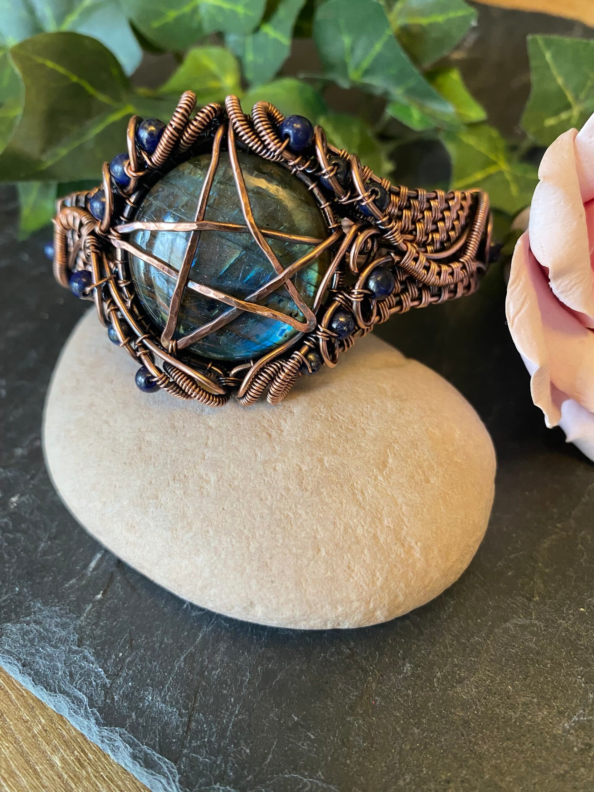 Handwoven Copper Pentagram Cuff Bracelet with Labradorite and Lapis Lazuli, view 3