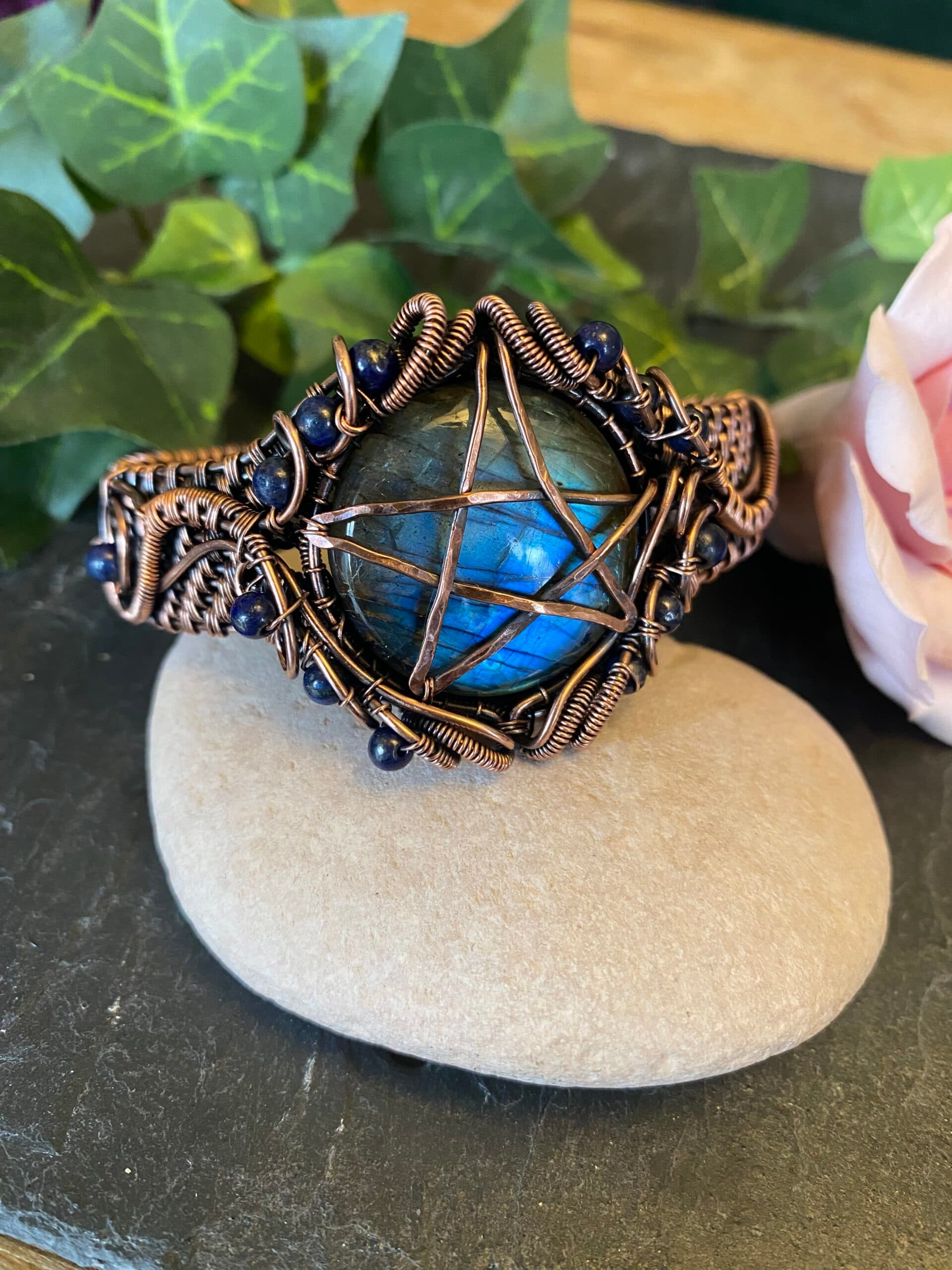 Handwoven Copper Pentagram Cuff Bracelet with Labradorite and Lapis Lazuli, view 6