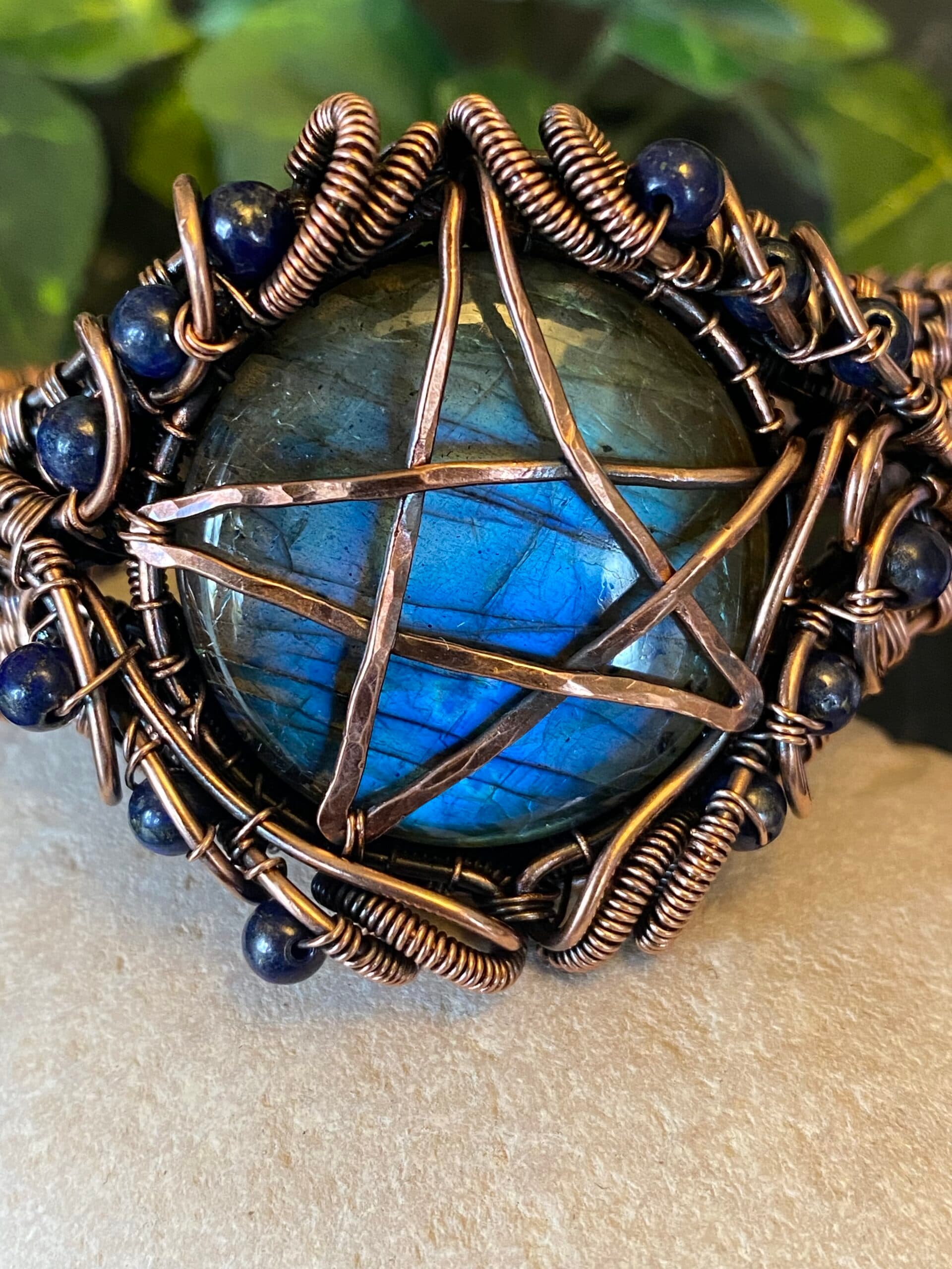 Handwoven Copper Pentagram Cuff Bracelet with Labradorite and Lapis Lazuli, view 5