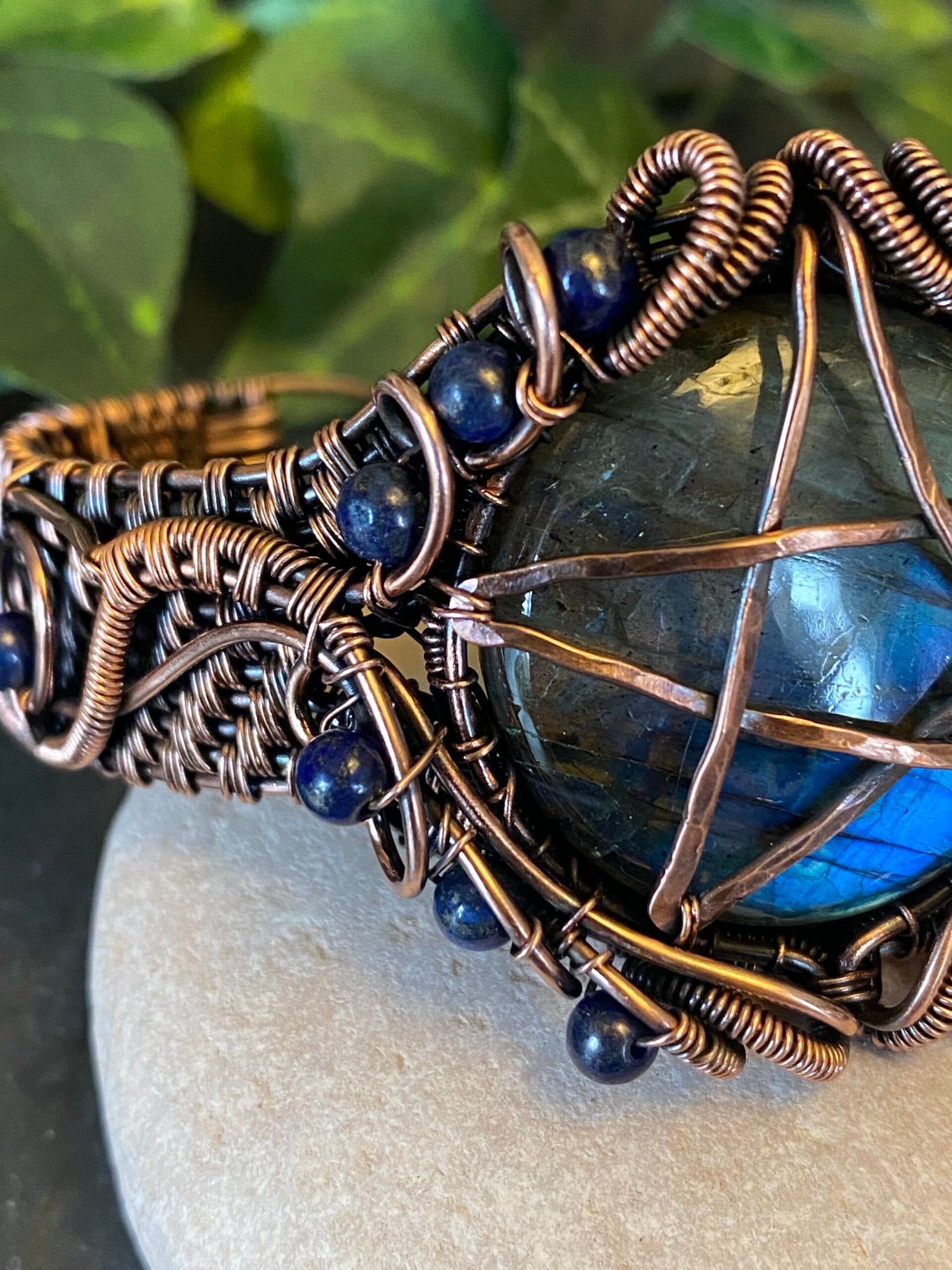 Handwoven Copper Pentagram Cuff Bracelet with Labradorite and Lapis Lazuli, view 4