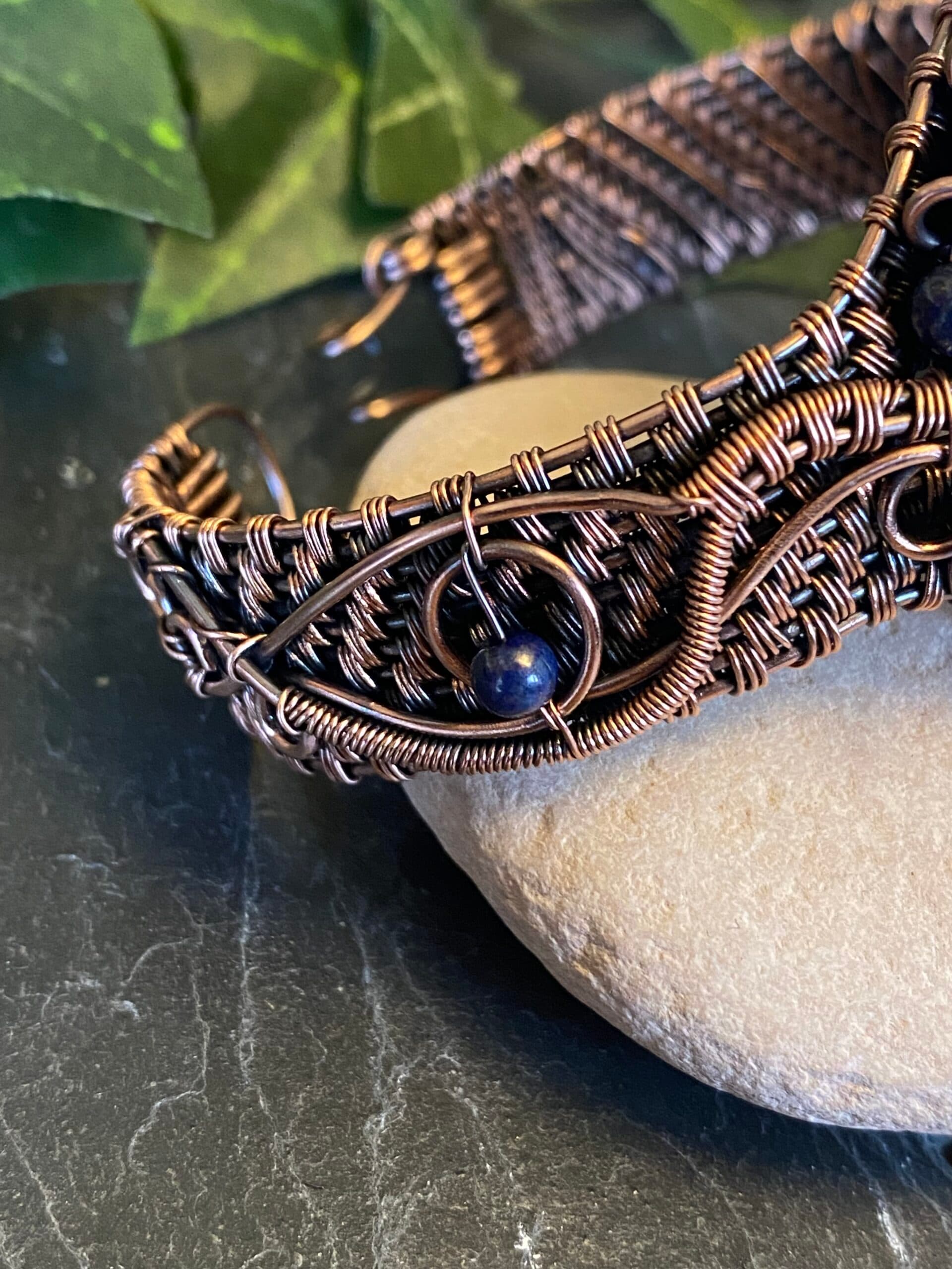 Handwoven Copper Pentagram Cuff Bracelet with Labradorite and Lapis Lazuli, view 7