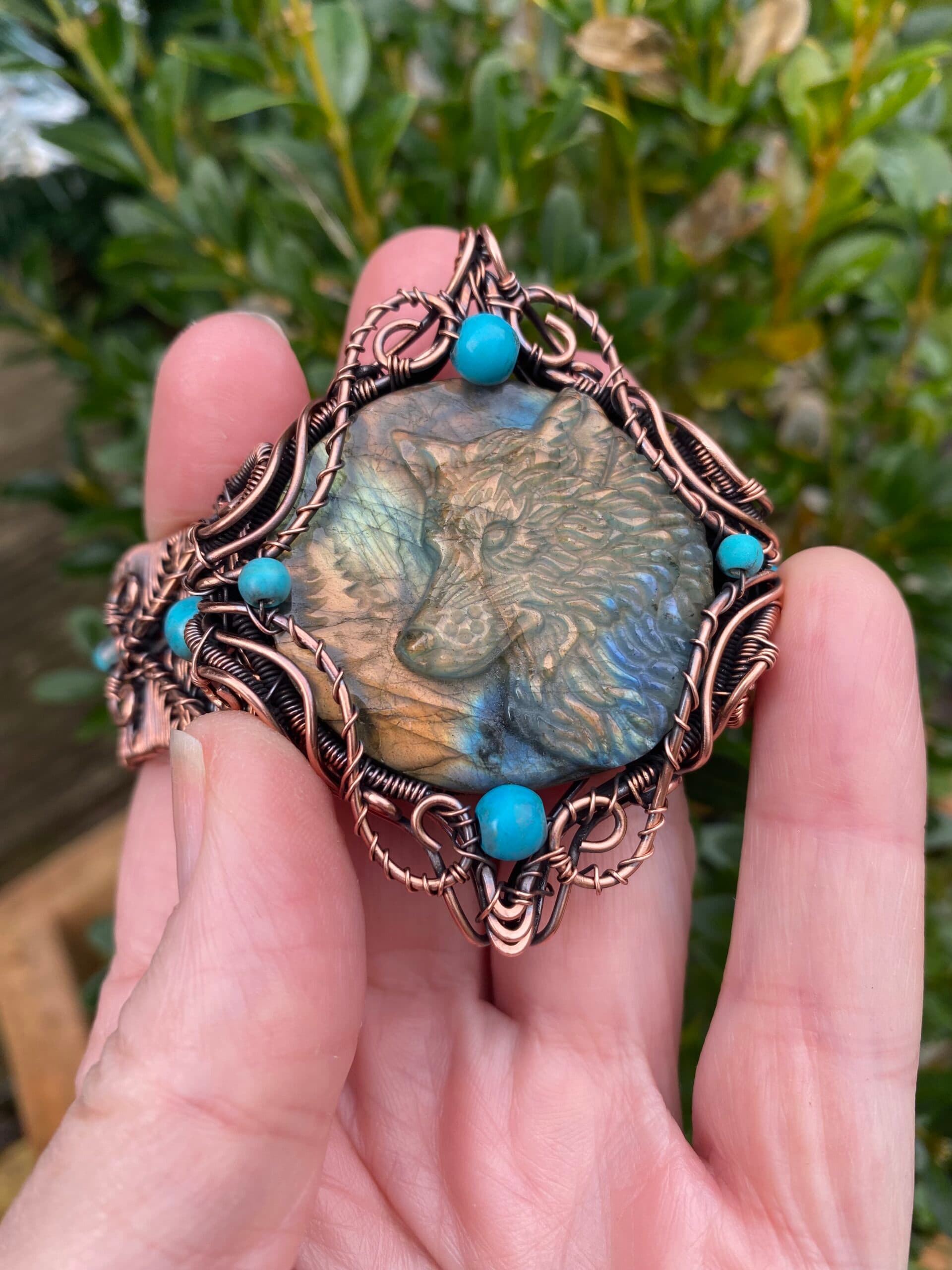 Copper Wolf Cuff Bracelet with Labradorite and Turquoise, view 2