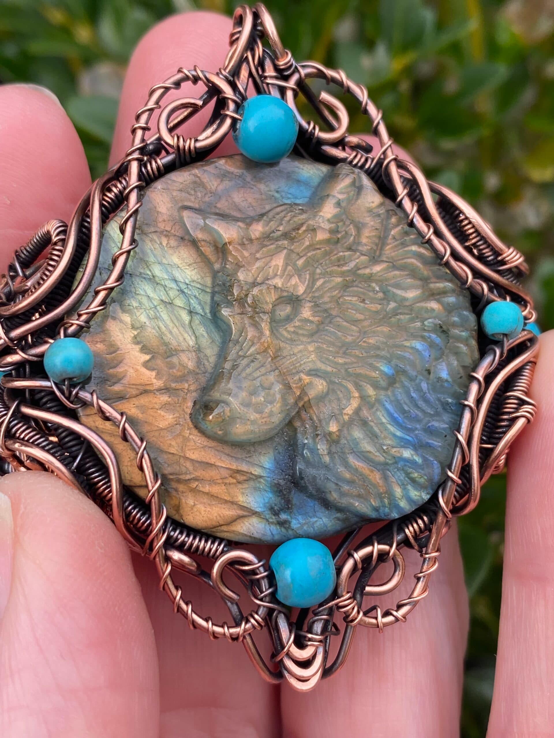 Copper Wolf Cuff Bracelet with Labradorite and Turquoise, view 12