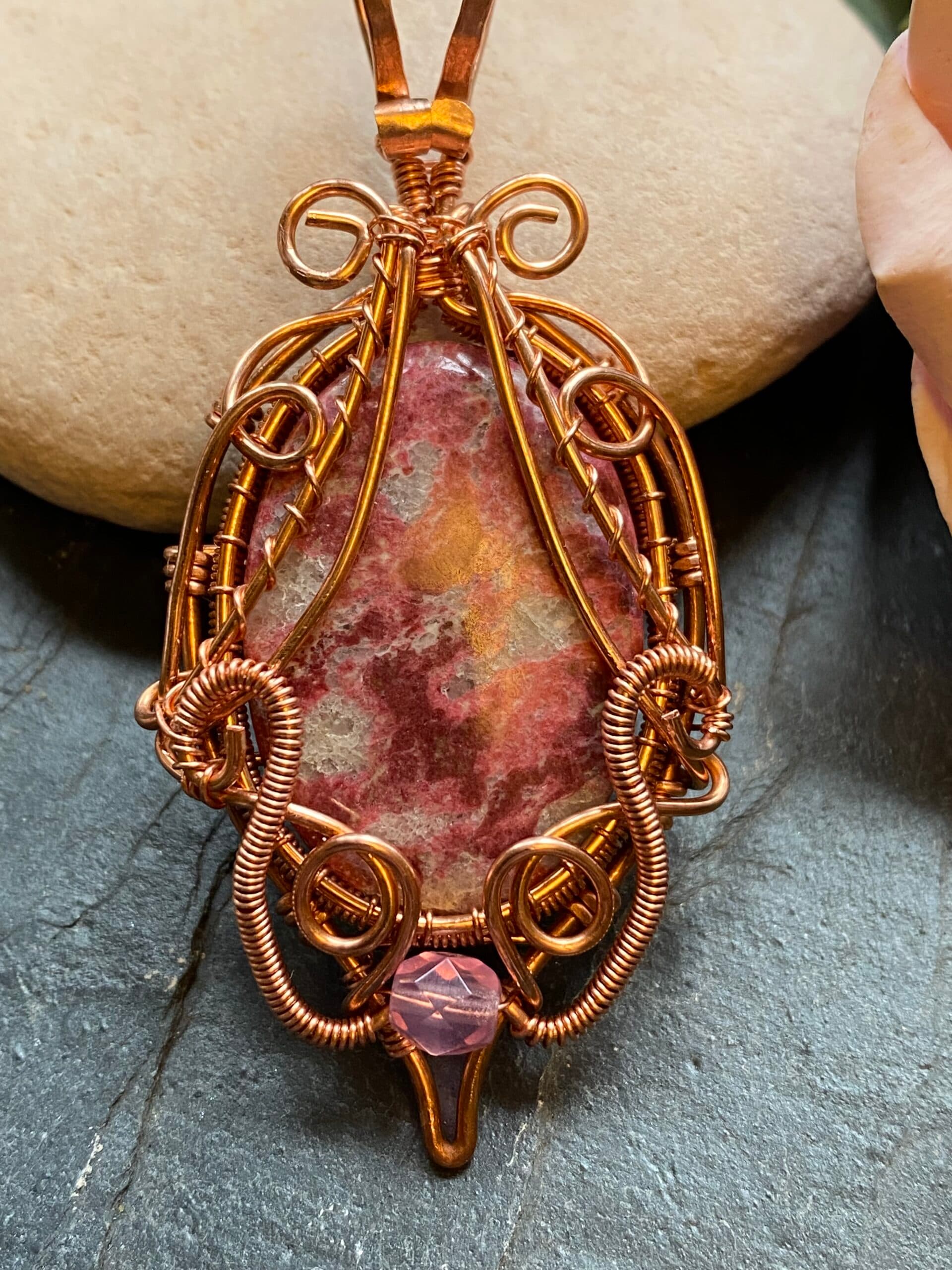 Pink Thulite Copper Wire Wrapped Pendant, view 6