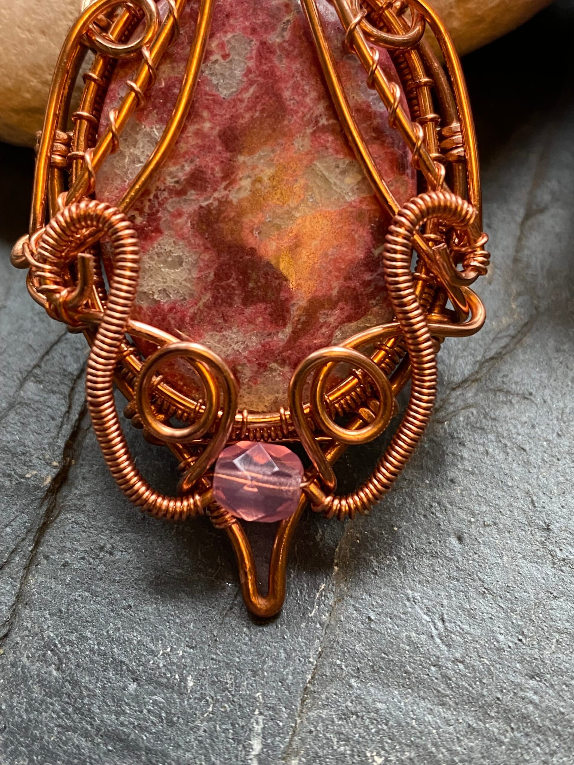 Pink Thulite Copper Wire Wrapped Pendant, view 5