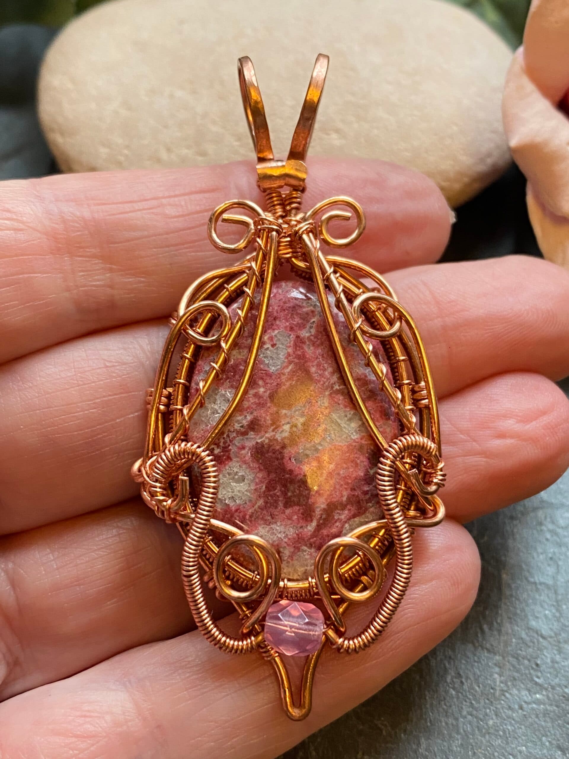 Pink Thulite copper wire wrapped pendant with oval cabochon Handmade copper wire pendant with pink Thulite stone Pink gemstone wire wrapped pendant with bead accent