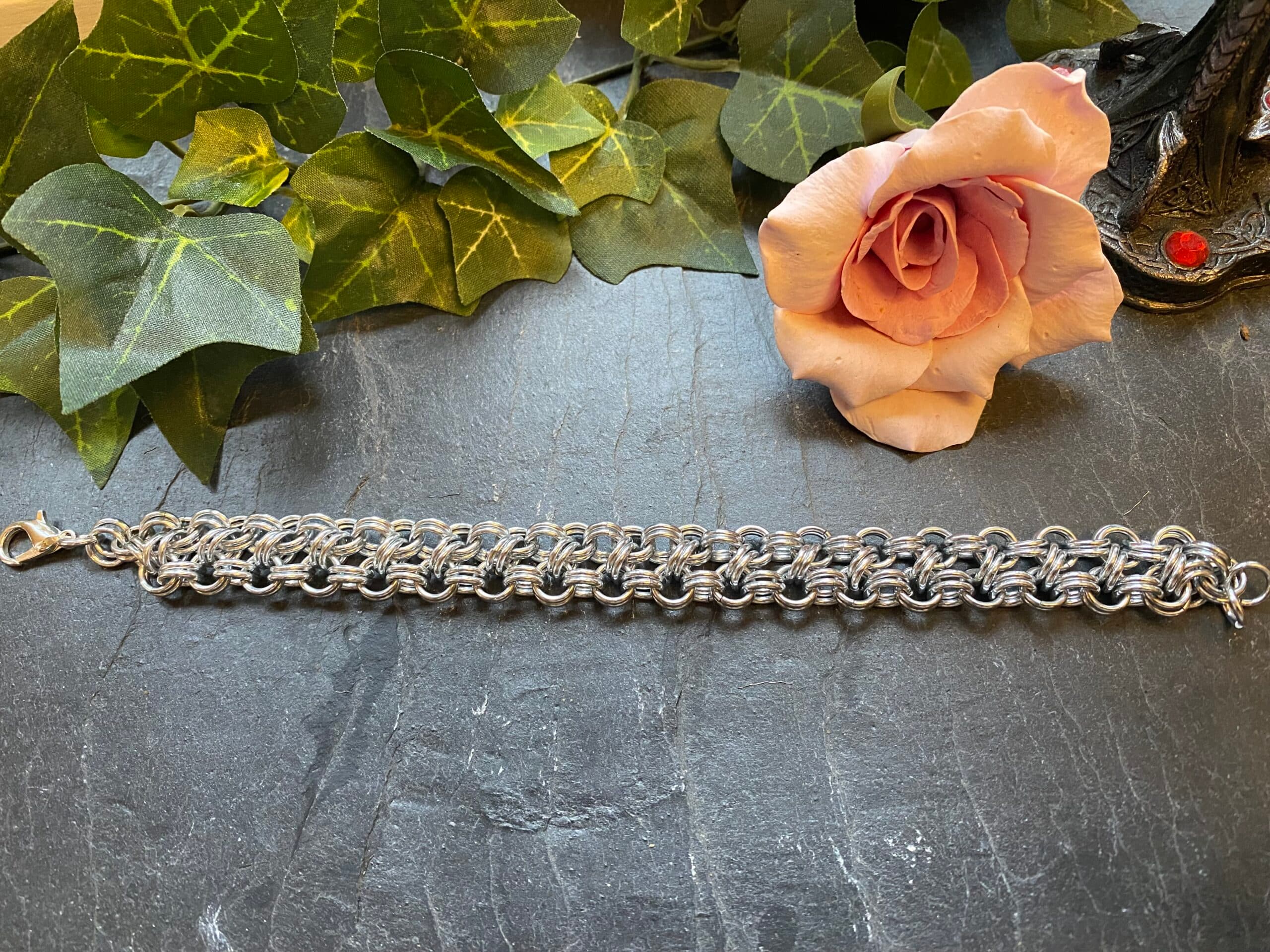 Japanese double four and one chainmail bracelet made from anodised aluminium Handmade chainmail bracelet with Japanese weave pattern Lightweight anodised aluminium chainmail bracelet