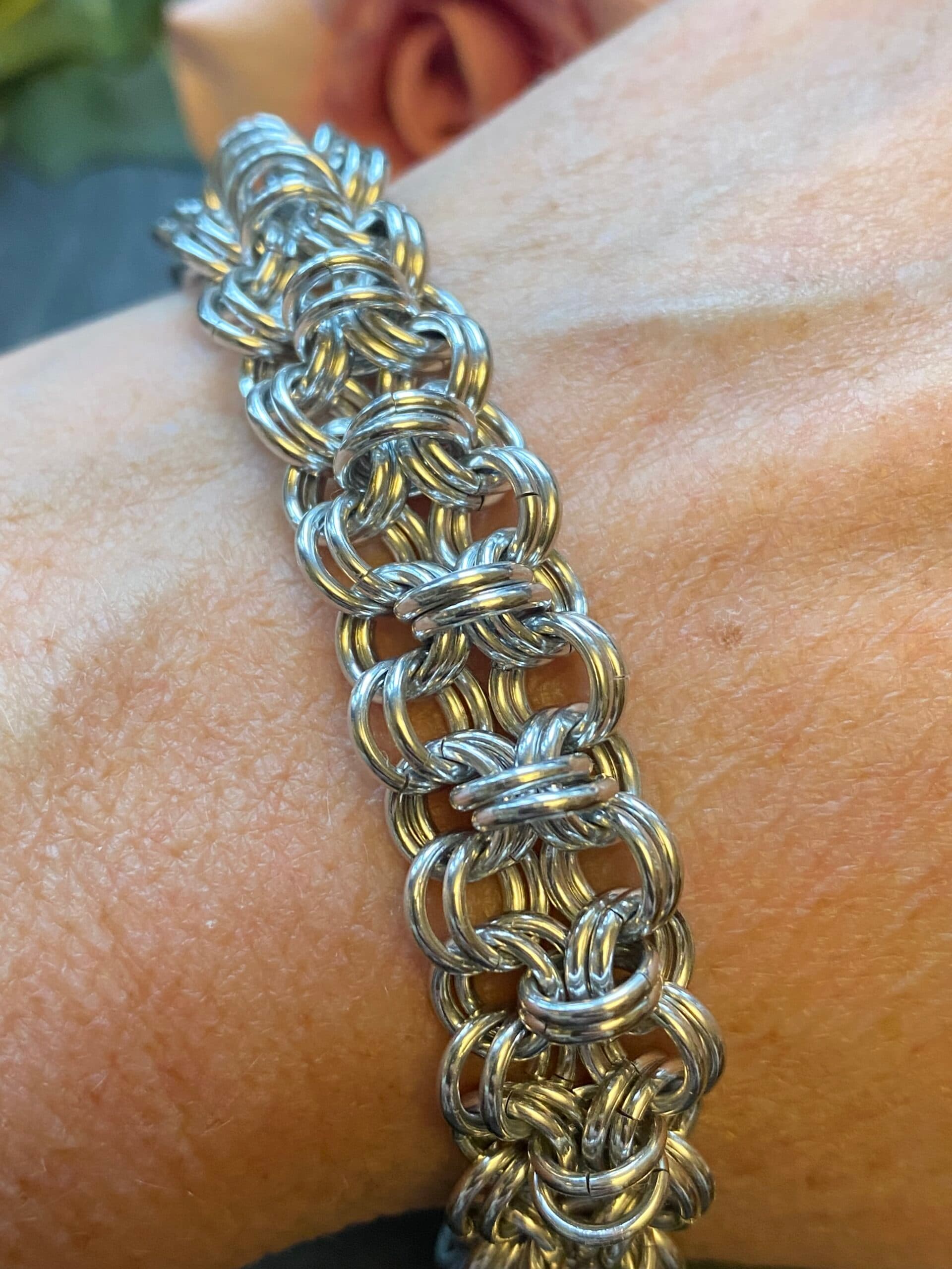 Japanese double four and one chainmail bracelet made from anodised aluminium Handmade chainmail bracelet with Japanese weave pattern Lightweight anodised aluminium chainmail bracelet