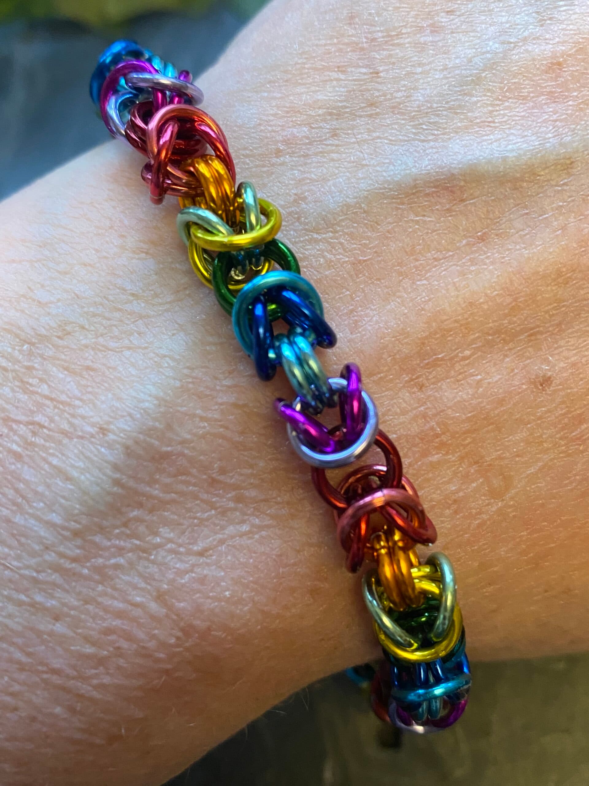 Rainbow Byzantine weave chainmail bracelet made from anodised aluminium Handmade chainmail bracelet with colourful Byzantine pattern Lightweight aluminium chainmail bracelet with extended rainbow colours