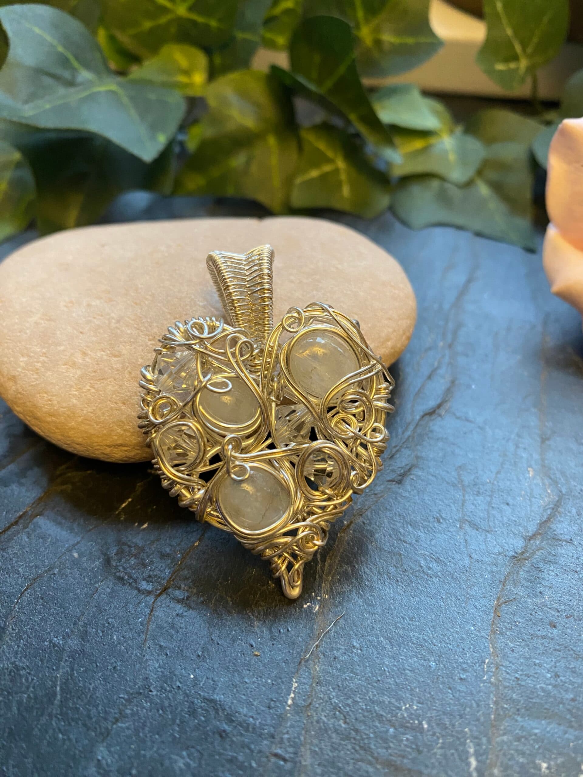 Silver Filled Wire Heart Pendant with Rainbow Moonstone, view 2