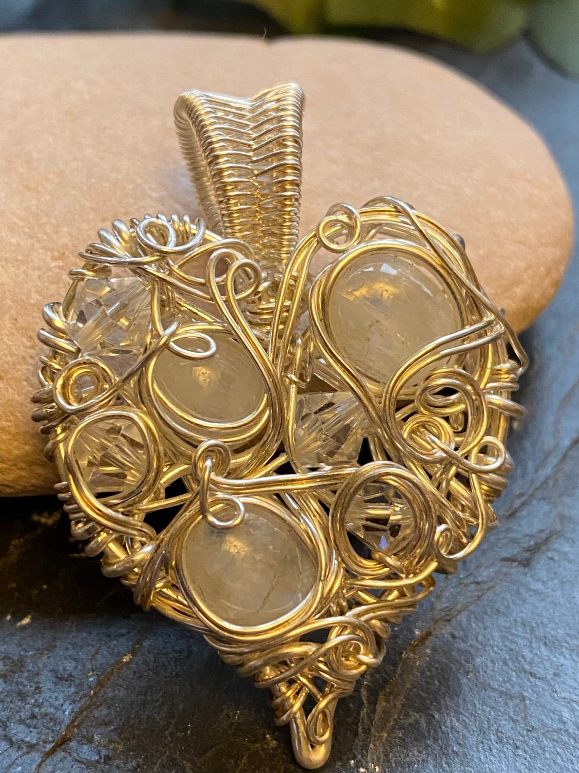 Silver Filled Wire Heart Pendant with Rainbow Moonstone, view 7