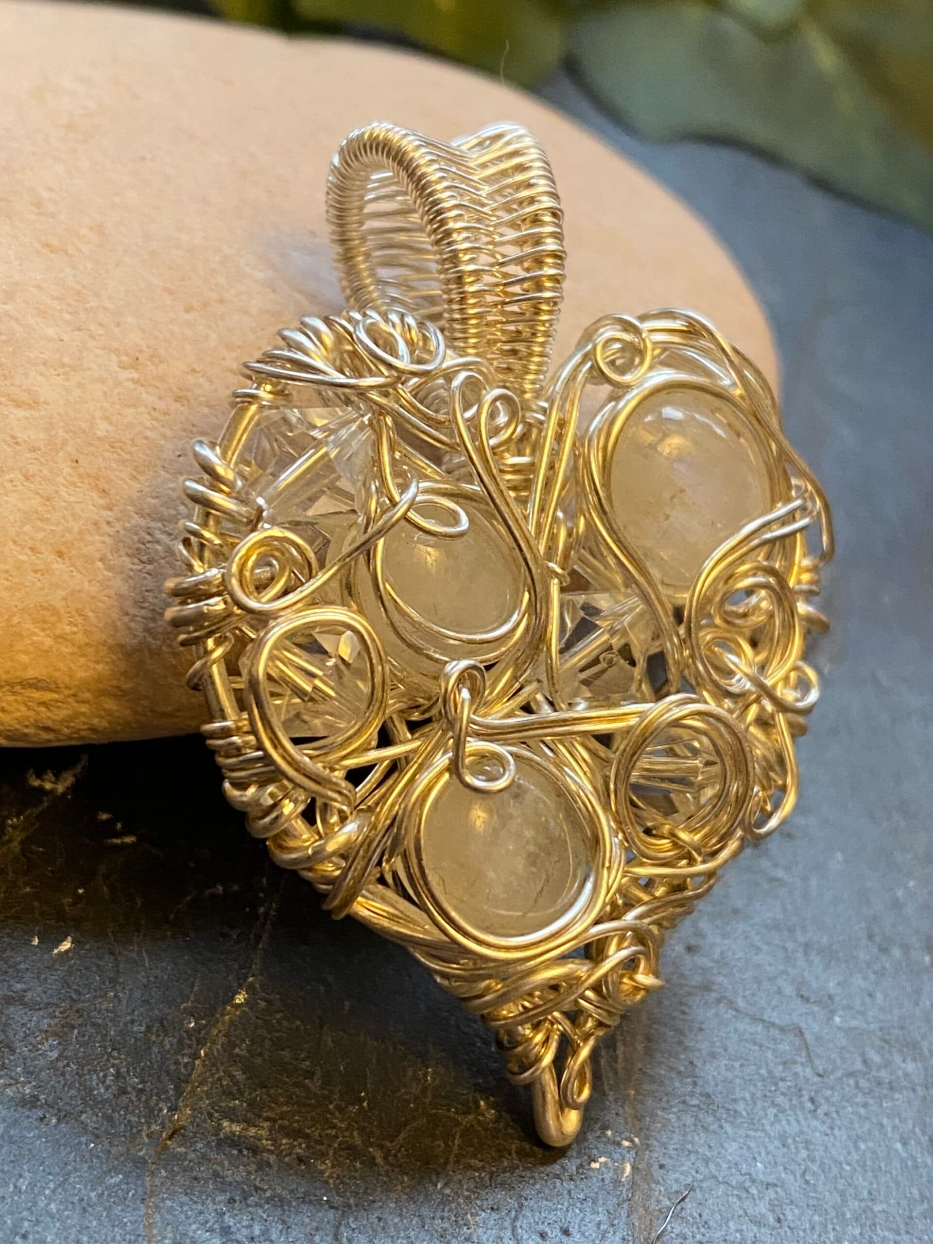 Silver Filled Wire Heart Pendant with Rainbow Moonstone, view 6