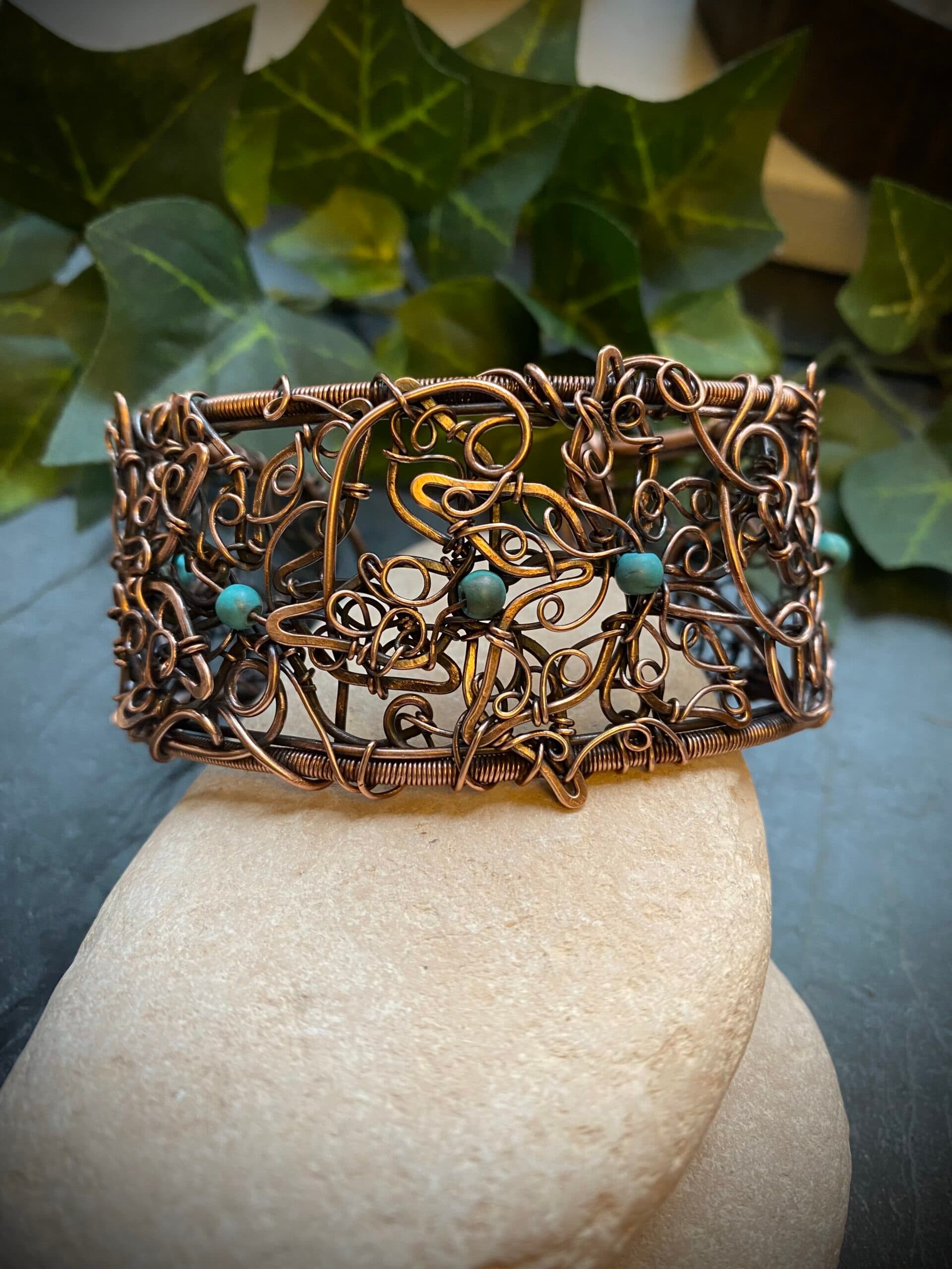 Copper Flower Filigree Bangle with Turquoise Beads, view 2