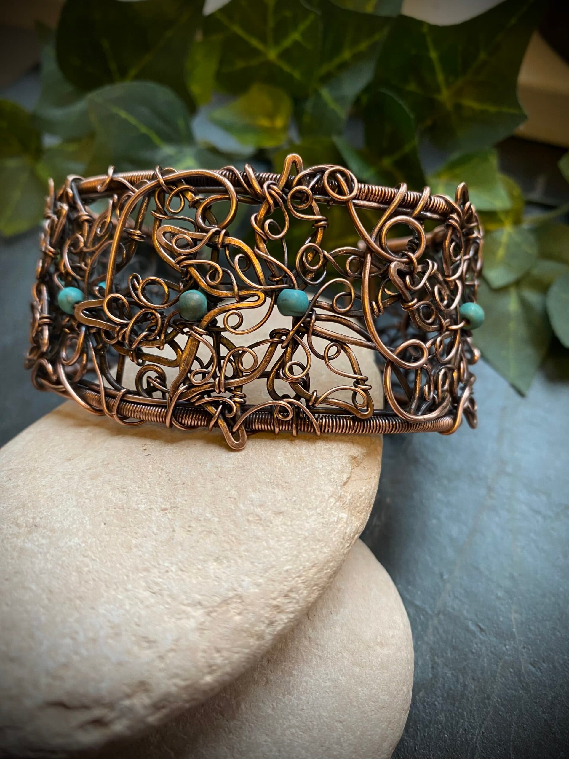 Copper Flower Filigree Bangle with Turquoise Beads, view 3