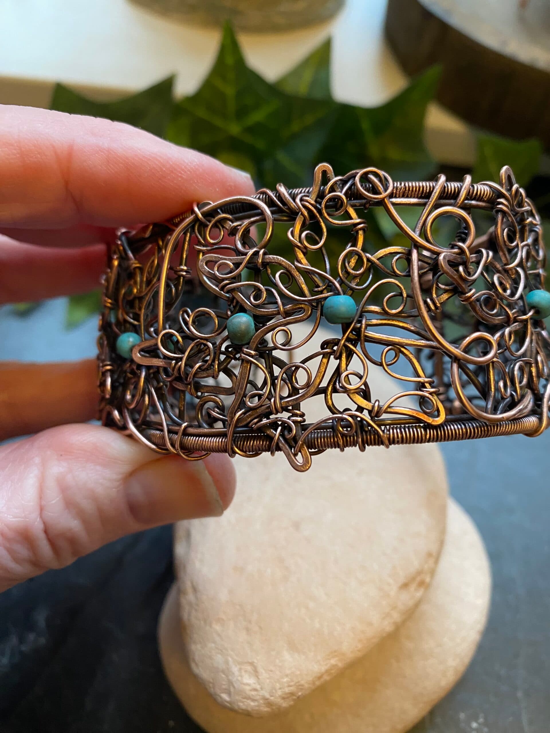 Copper Flower Filigree Bangle with Turquoise Beads, view 6
