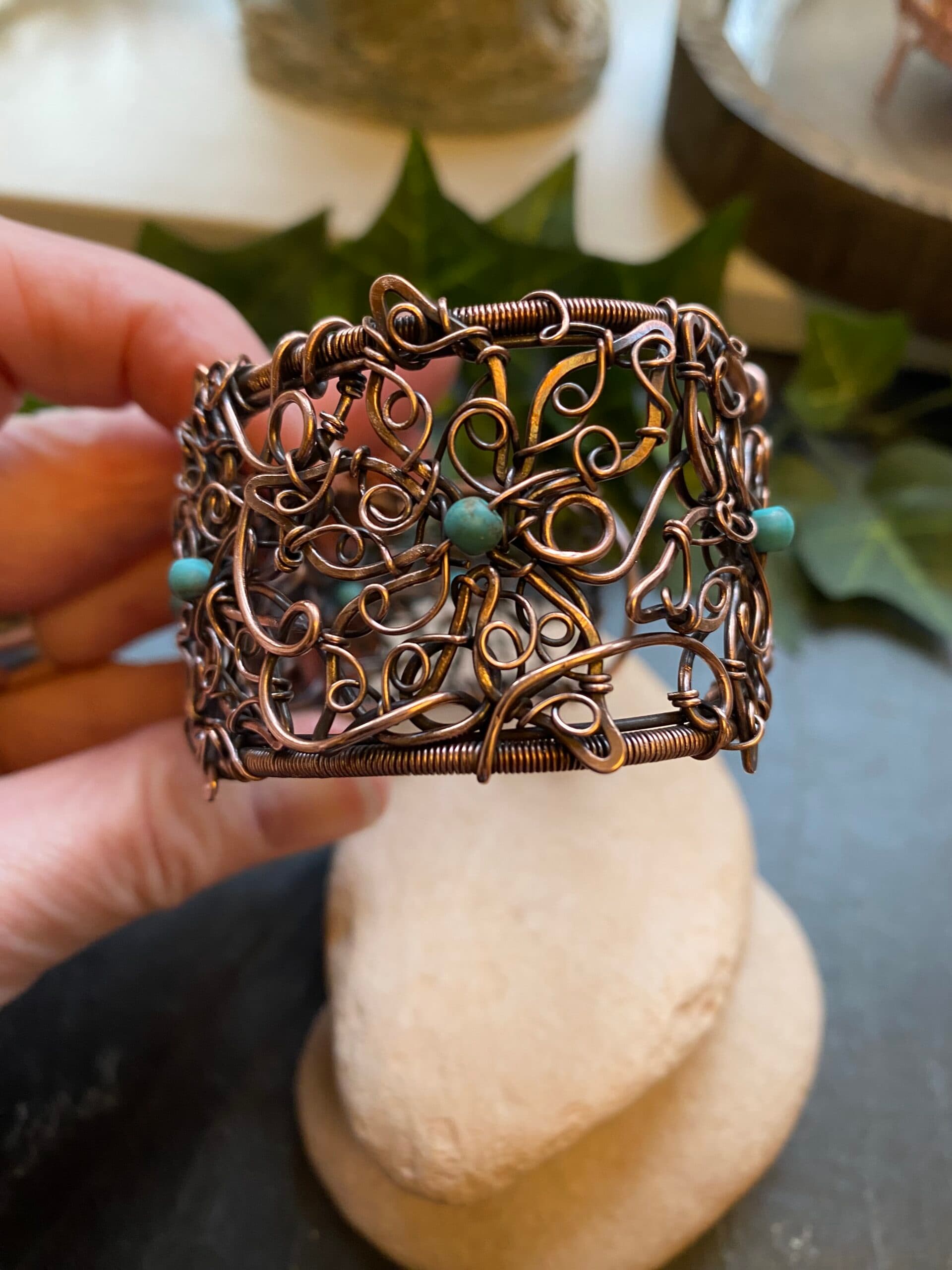 Copper Flower Filigree Bangle with Turquoise Beads, view 7