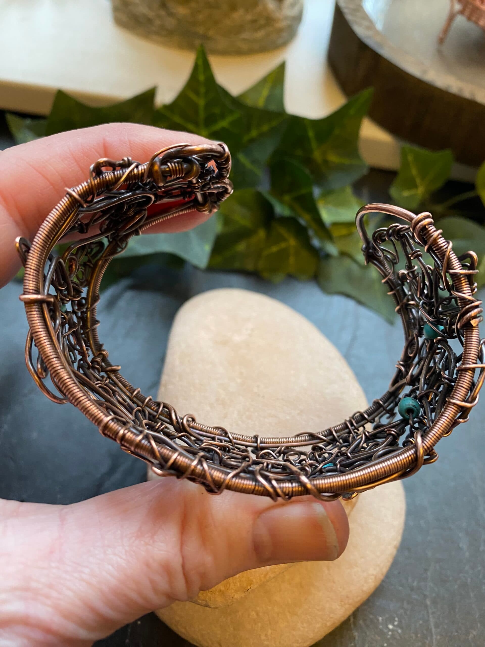 Copper Flower Filigree Bangle with Turquoise Beads, view 5