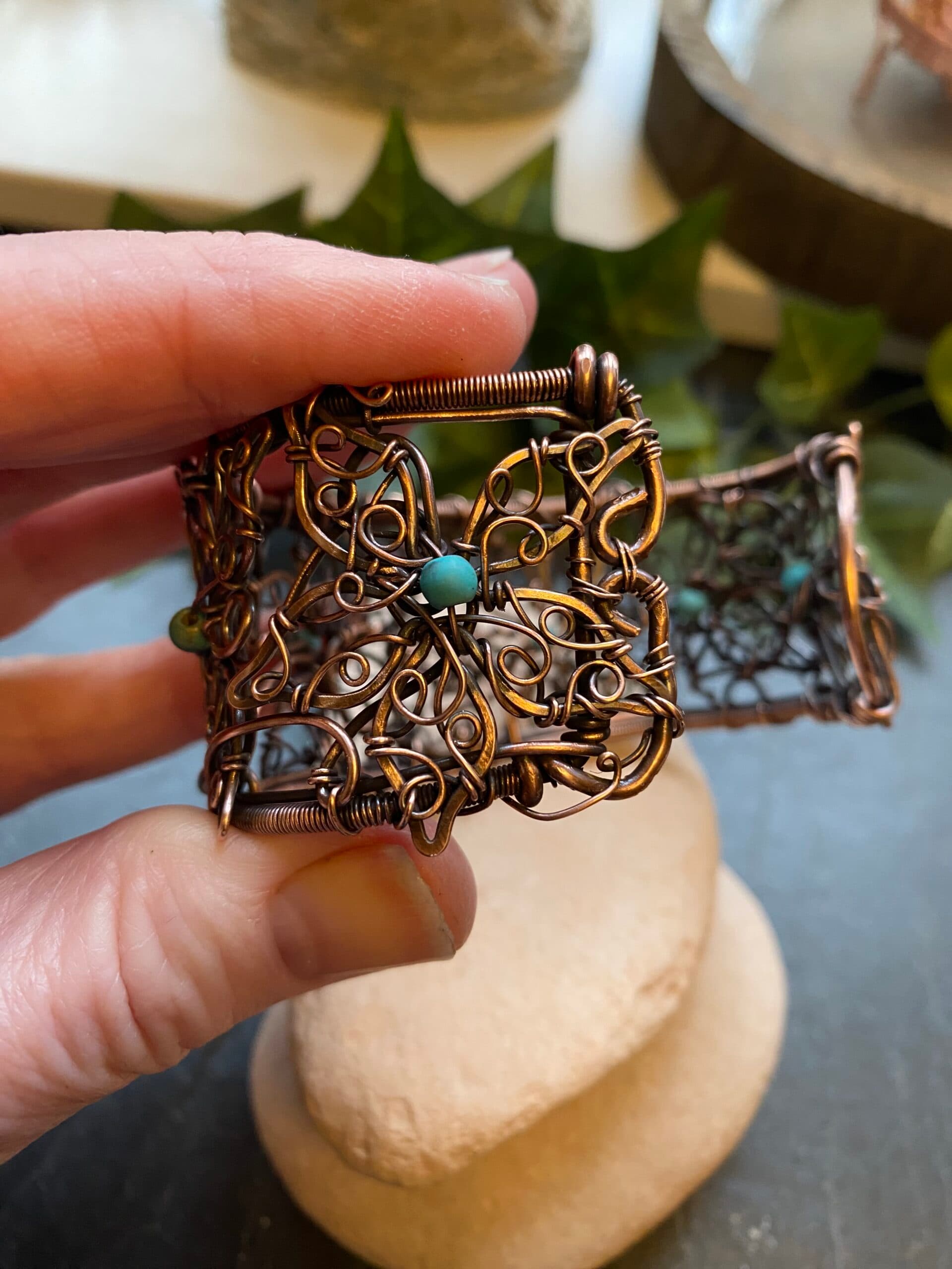 Copper Flower Filigree Bangle with Turquoise Beads, view 8