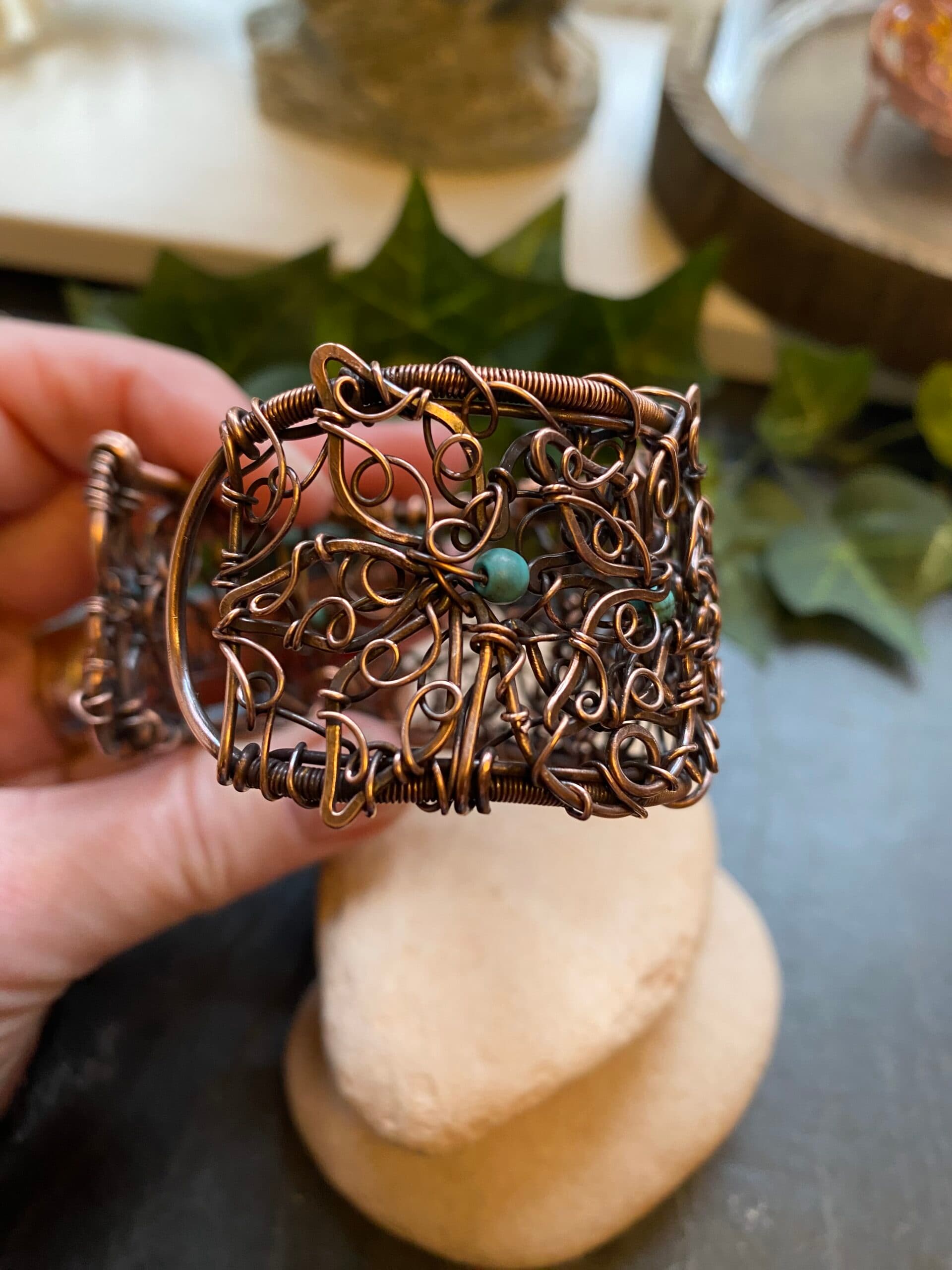 Copper Flower Filigree Bangle with Turquoise Beads, view 9