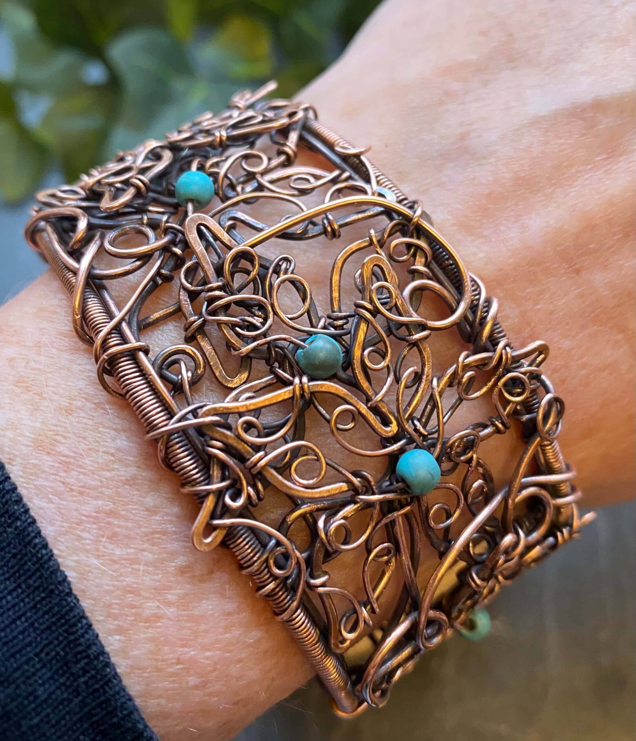 Copper Flower Filigree Bangle with Turquoise Beads, view 10