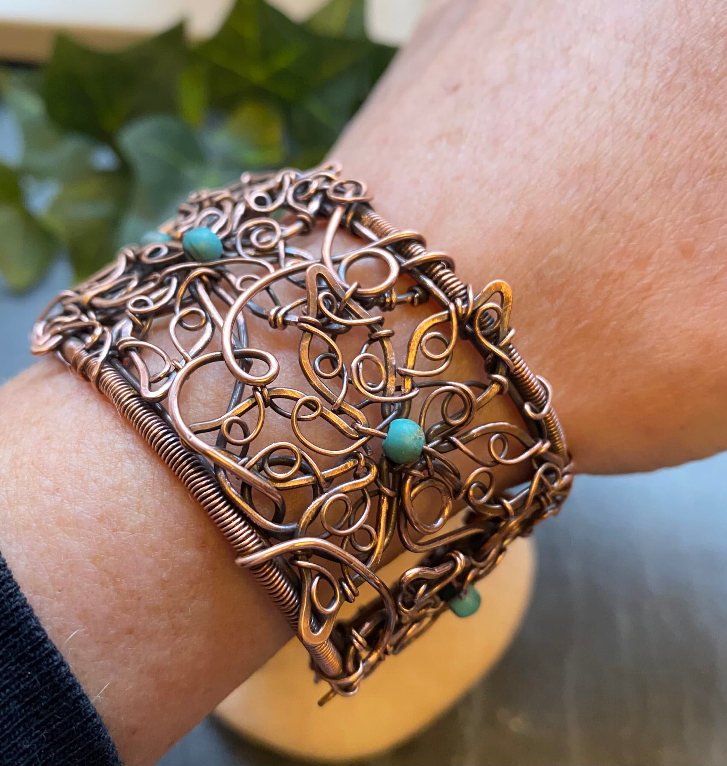 Copper Flower Filigree Bangle with Turquoise Beads, view 11