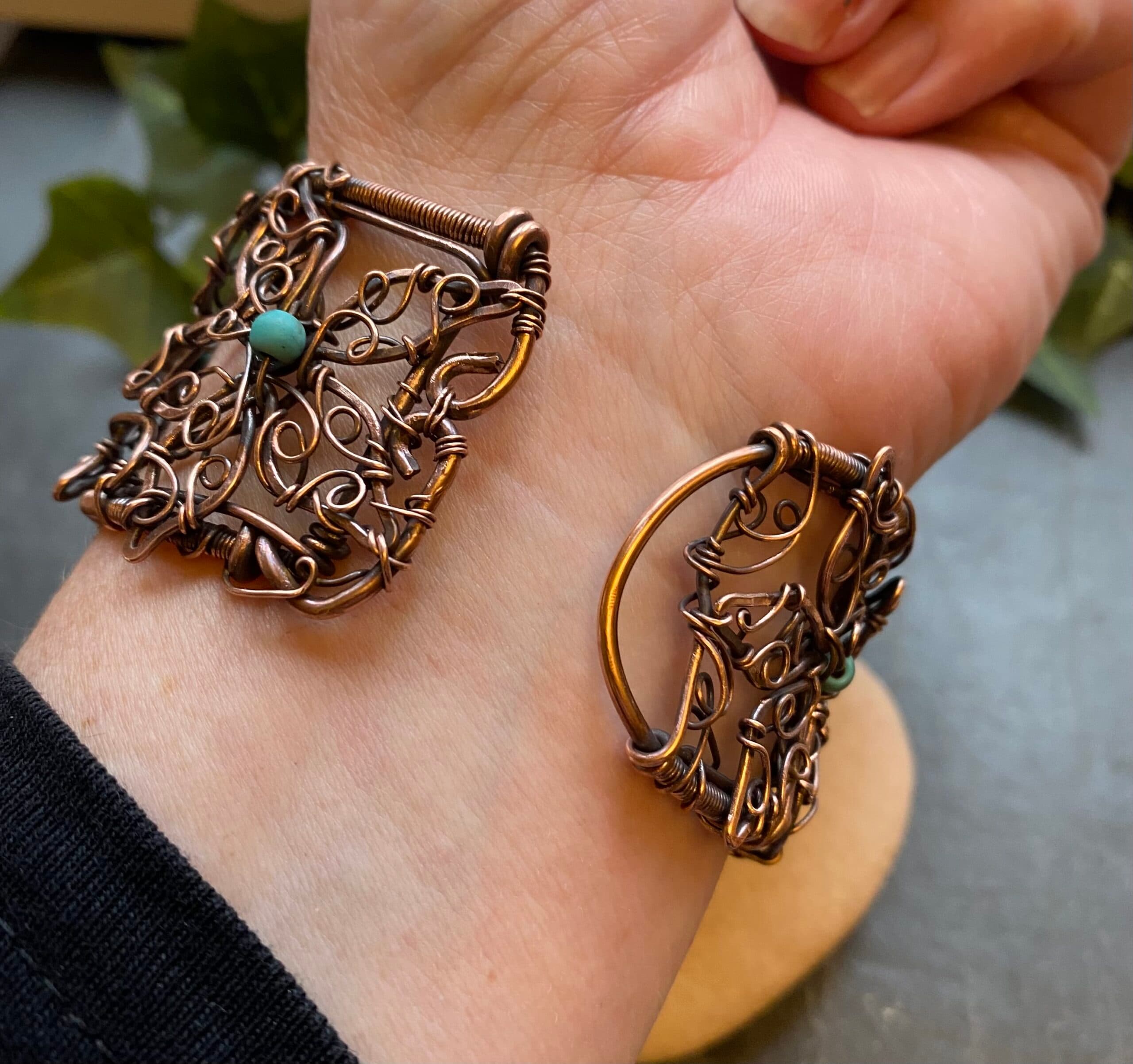 Copper Flower Filigree Bangle with Turquoise Beads, view 12