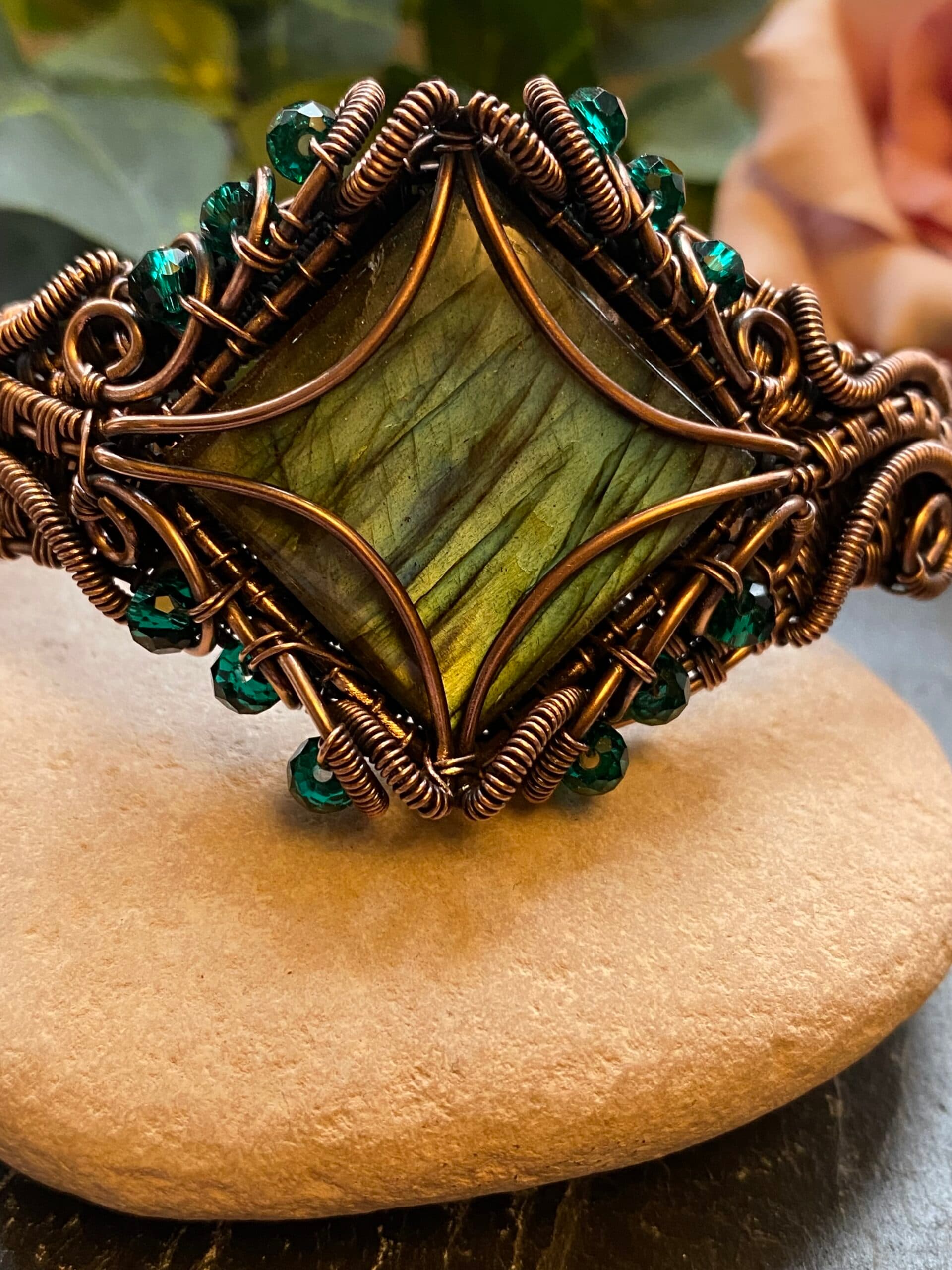 Square Green & Blue Flash Labradorite Copper Cuff Bracelet, view 3