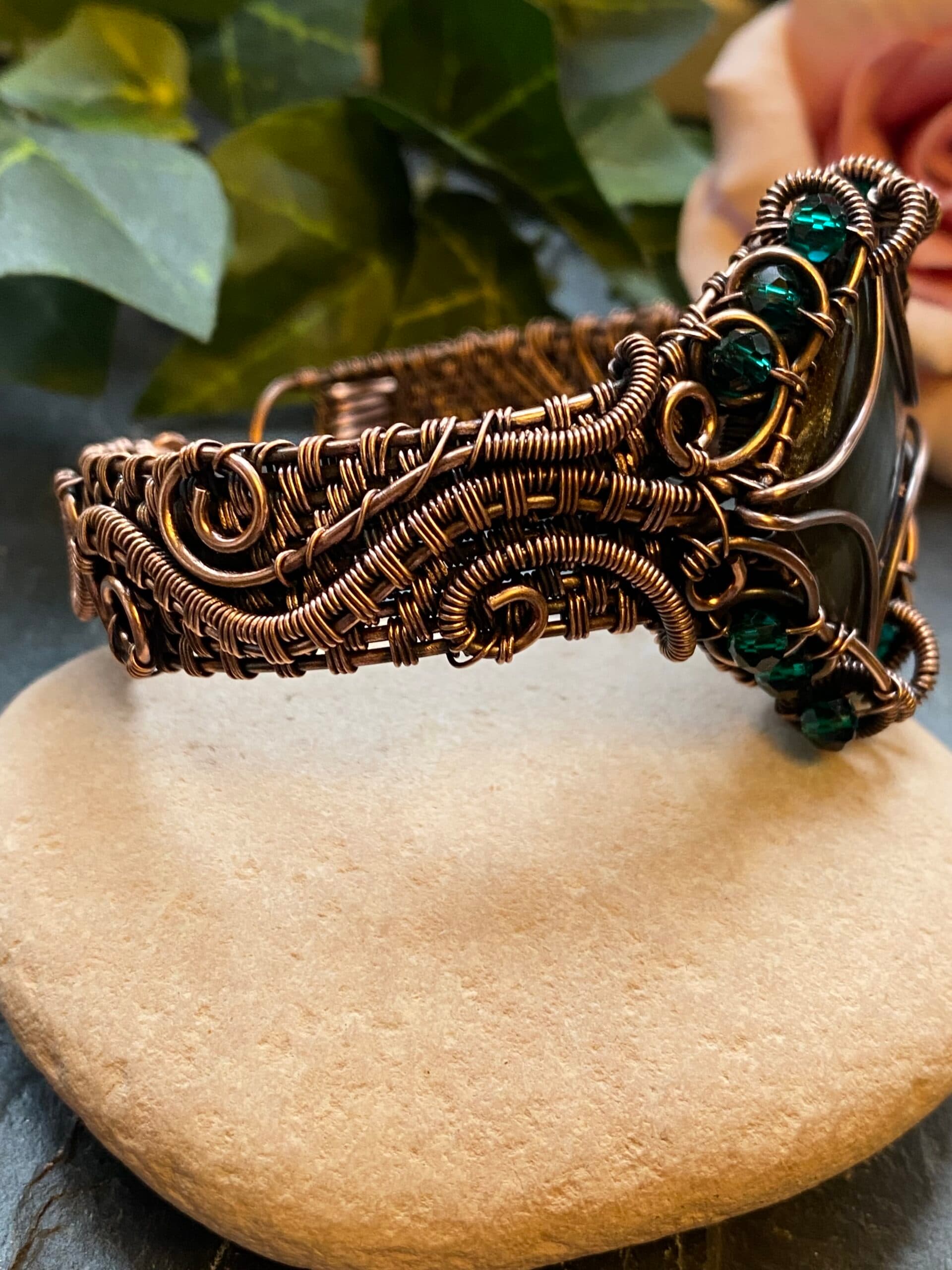 Square Green & Blue Flash Labradorite Copper Cuff Bracelet, view 4