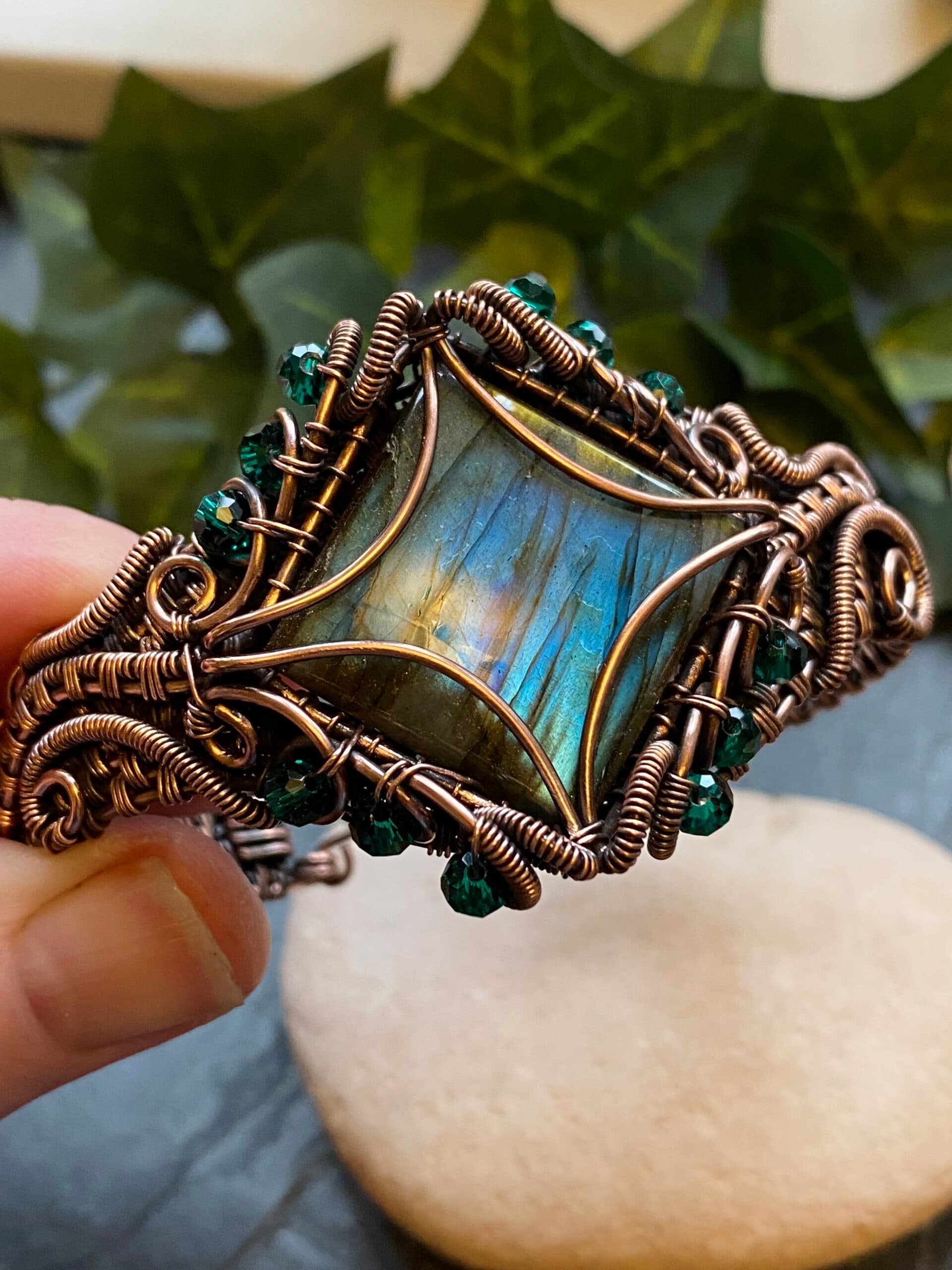Square Green & Blue Flash Labradorite Copper Cuff Bracelet, view 6